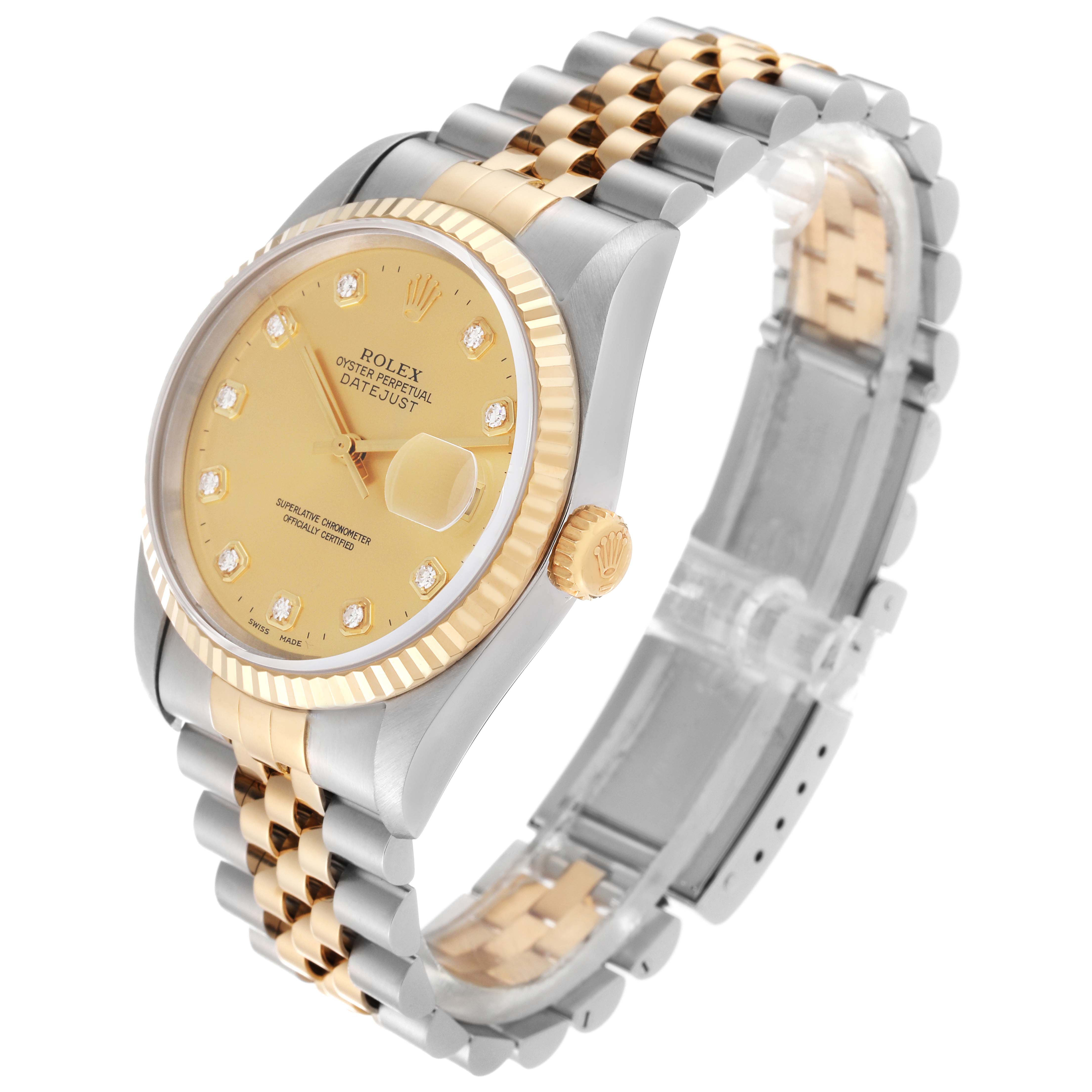 The image shows a Rolex Datejust 16233 Men's Steel and Gold (two tone) Champagne Dial 16233 Men's Steel and Gold (two tone) Champagne Dial watch angled slightly to the left, highlighting its dial, fluted bezel, and two-tone Jubilee bracelet.