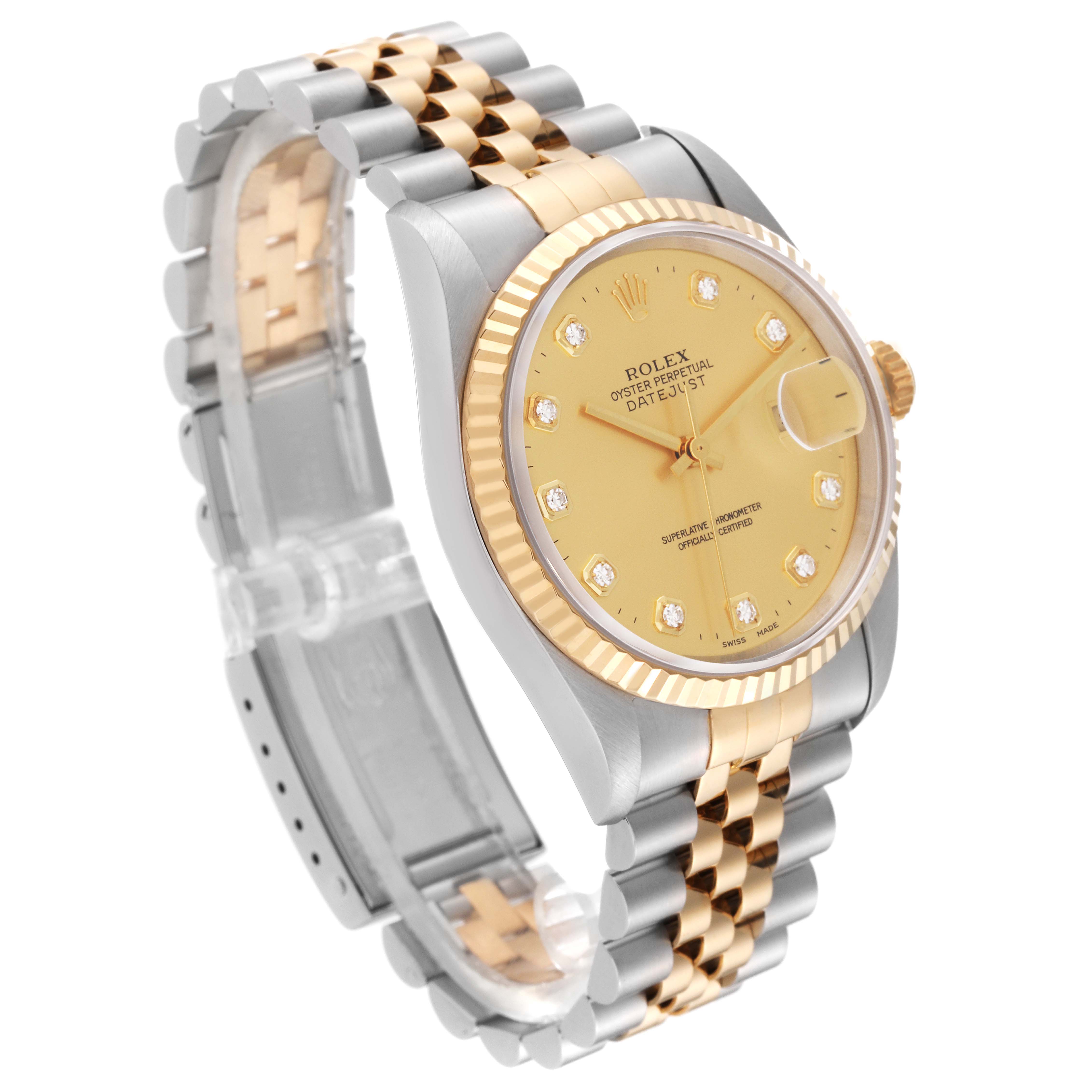 The image shows a close-up, angled view of a Rolex Datejust 16233 Men's Steel and Gold (two tone) Champagne Dial 16233 Men's Steel and Gold (two tone) Champagne Dial watch, highlighting its gold dial, fluted bezel, and two-tone Jubilee bracelet.