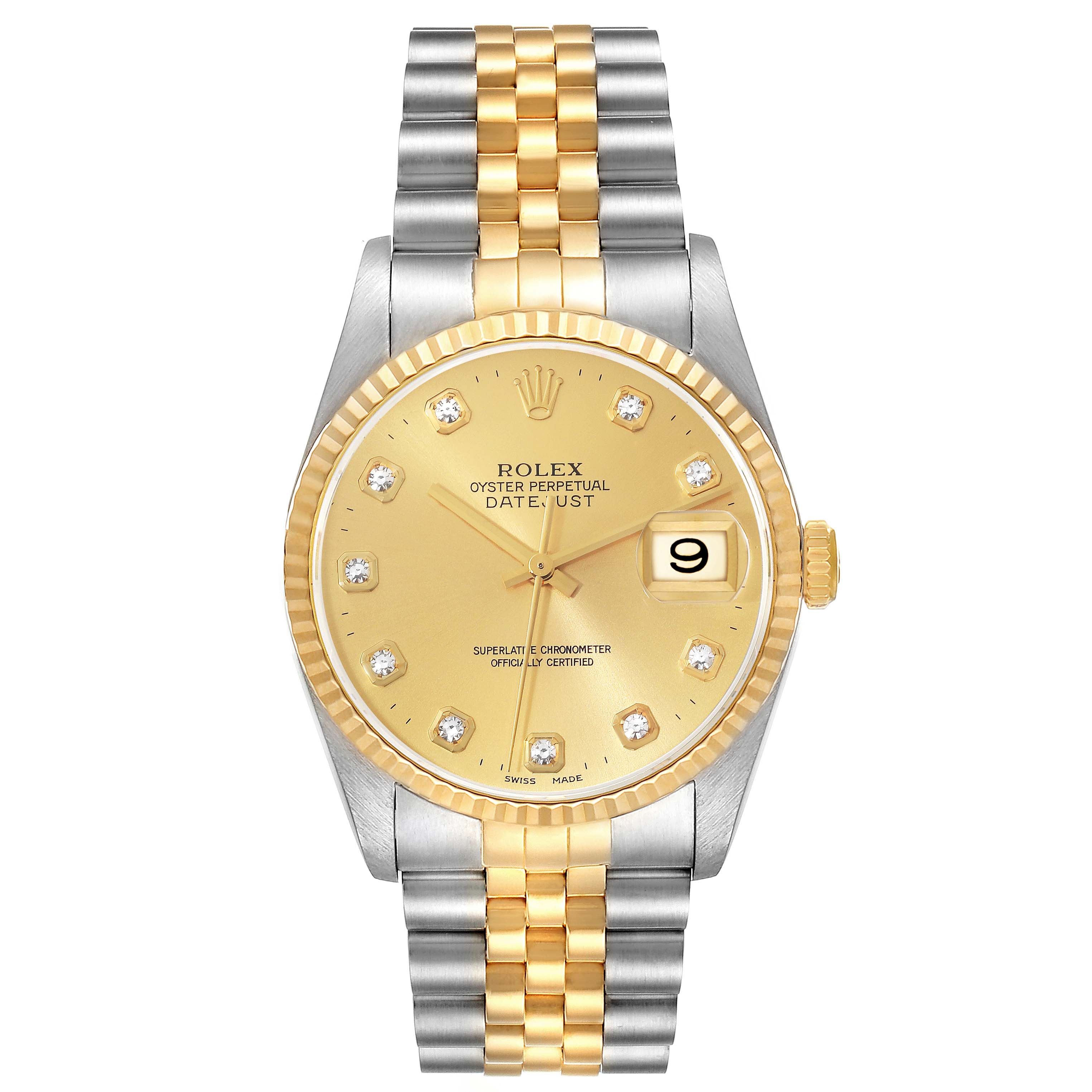 This image shows a front view of a Rolex Datejust 16233 Men's Steel and Gold (two tone) Champagne Dial 16233 Men's Steel and Gold (two tone) Champagne Dial watch, highlighting its two-tone bracelet, gold dial, and diamond hour markers.