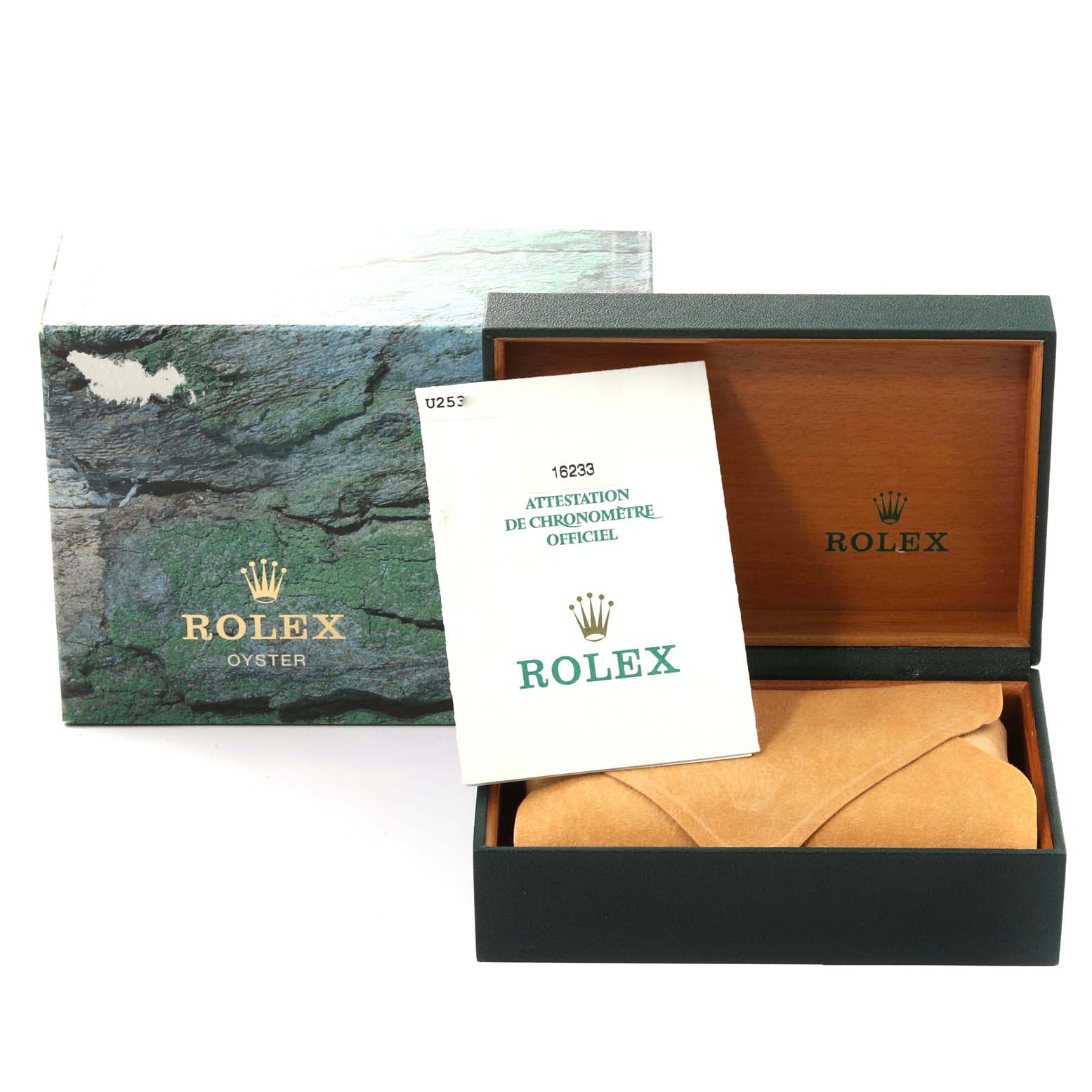 This image shows the packaging, a certificate, and the inner box for a Rolex Datejust 16233 Men's Steel and Gold (two tone) Champagne Dial 16233 Men's Steel and Gold (two tone) Champagne Dial watch at an angle.
