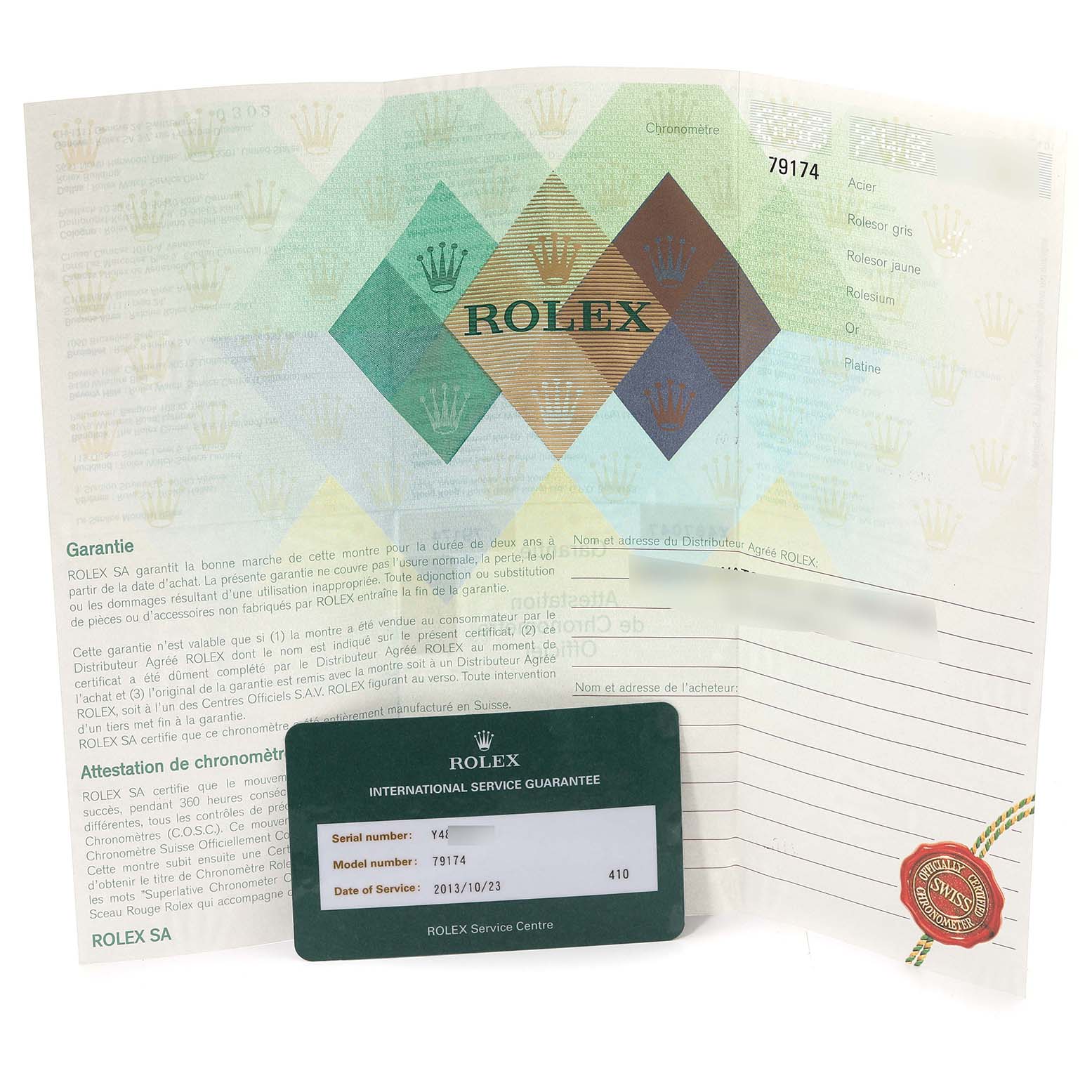 The image shows the warranty card and documents for a Rolex Datejust 79174 Women's Stainless Steel White Dial 79174 Women's Stainless Steel White Dial model, including the model number and service details.