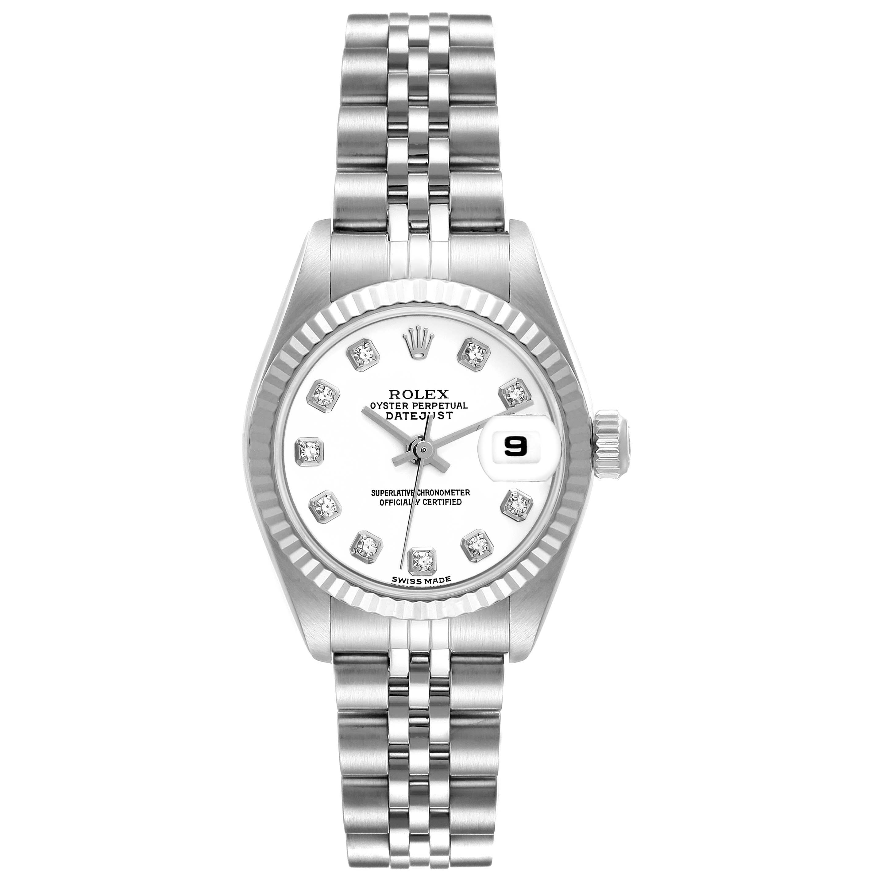 This Rolex Datejust 79174 Women's Stainless Steel White Dial 79174 Women's Stainless Steel White Dial is shown from the front, displaying the dial, bezel, and bracelet.