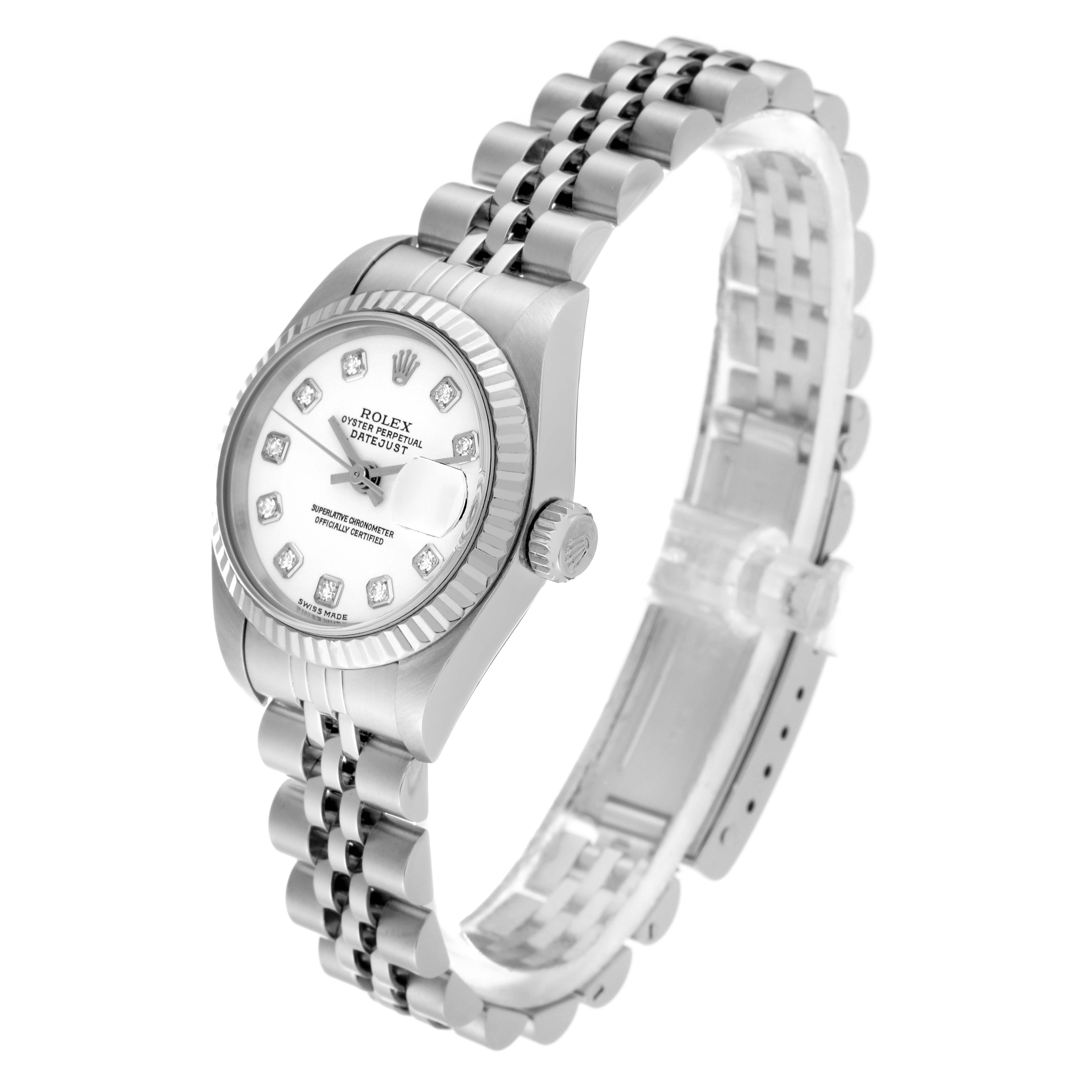 The image shows a Rolex Datejust 79174 Women's Stainless Steel White Dial 79174 Women's Stainless Steel White Dial watch from a slight top-side angle, highlighting its face, bezel, crown, and bracelet.