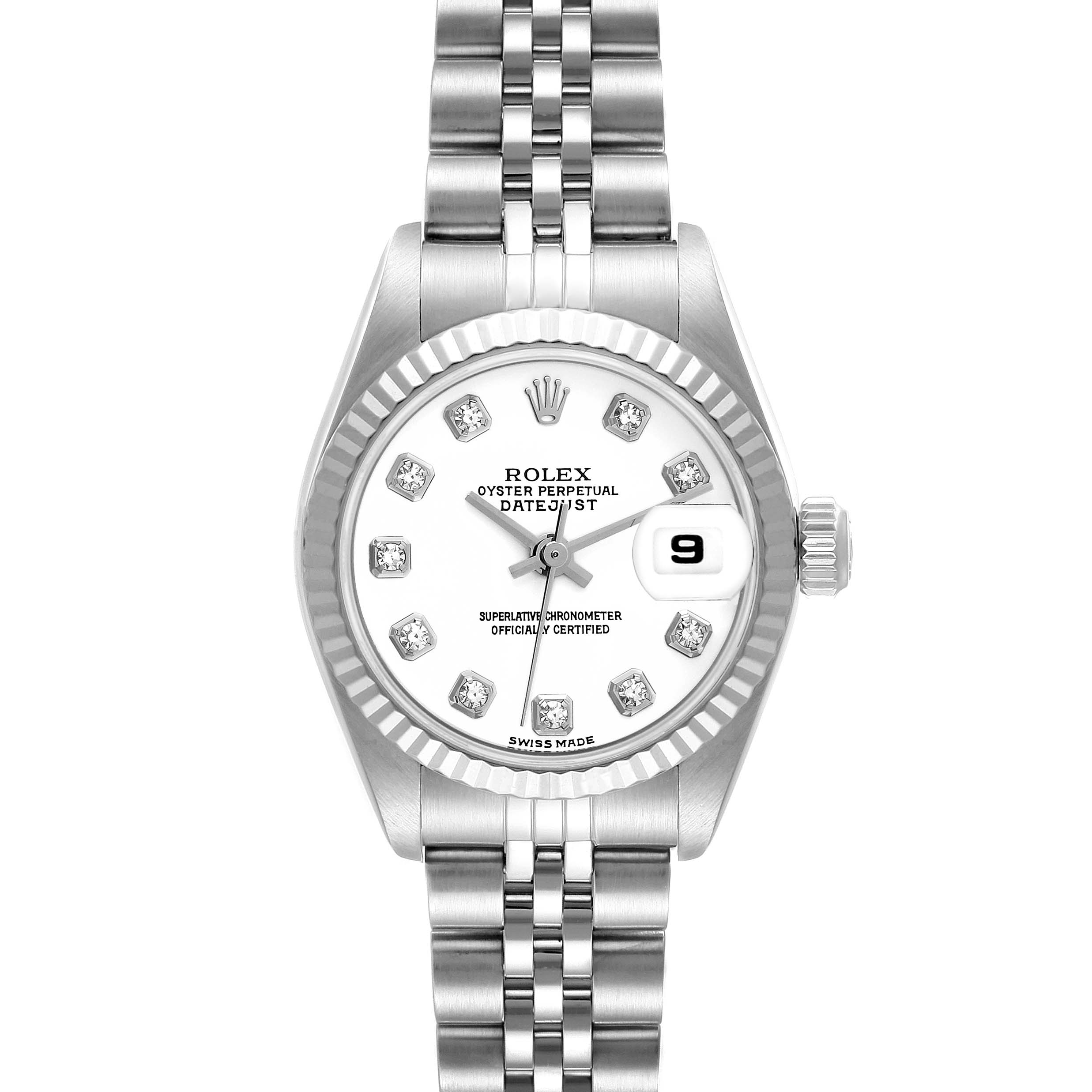 This is a top-down view of the Rolex Datejust 79174 Women's Stainless Steel White Dial 79174 Women's Stainless Steel White Dial watch, showing the dial, bezel, crown, and bracelet.