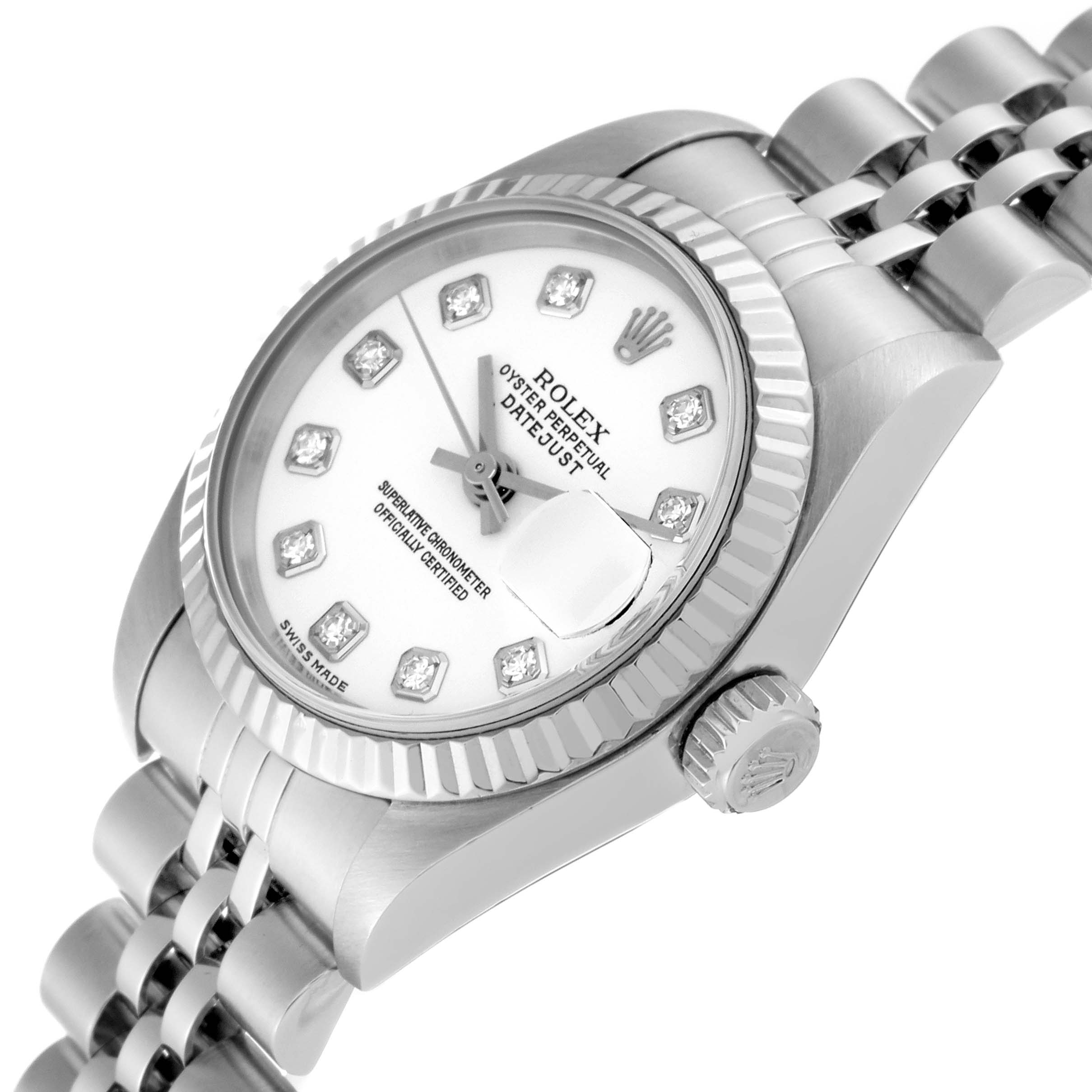 The image shows a Rolex Datejust 79174 Women's Stainless Steel White Dial 79174 Women's Stainless Steel White Dial watch angled from the side, highlighting the dial, bezel, crown, and bracelet.