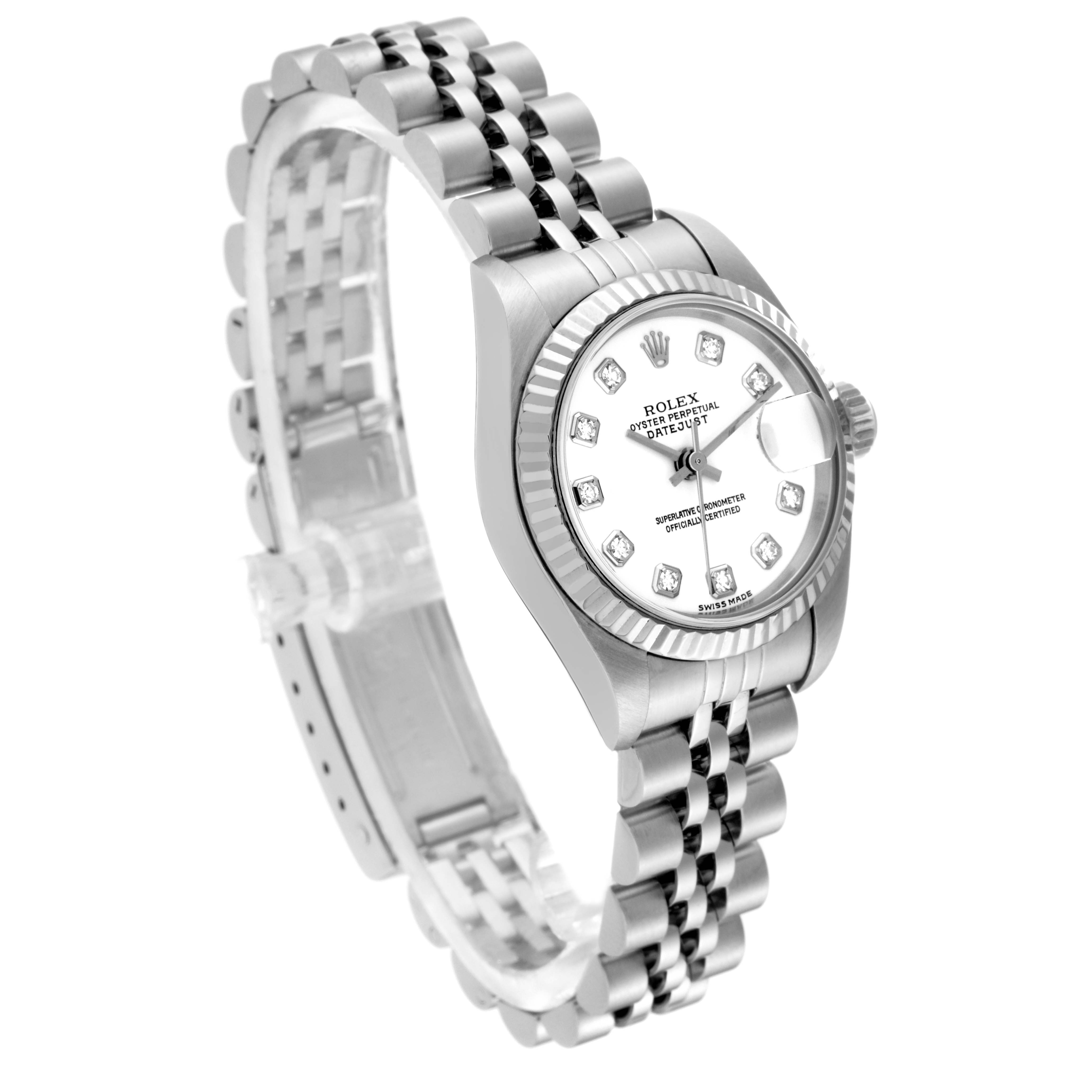 The Rolex Datejust 79174 Women's Stainless Steel White Dial 79174 Women's Stainless Steel White Dial watch is shown from an angled top-down perspective, highlighting its face, bezel, and bracelet.