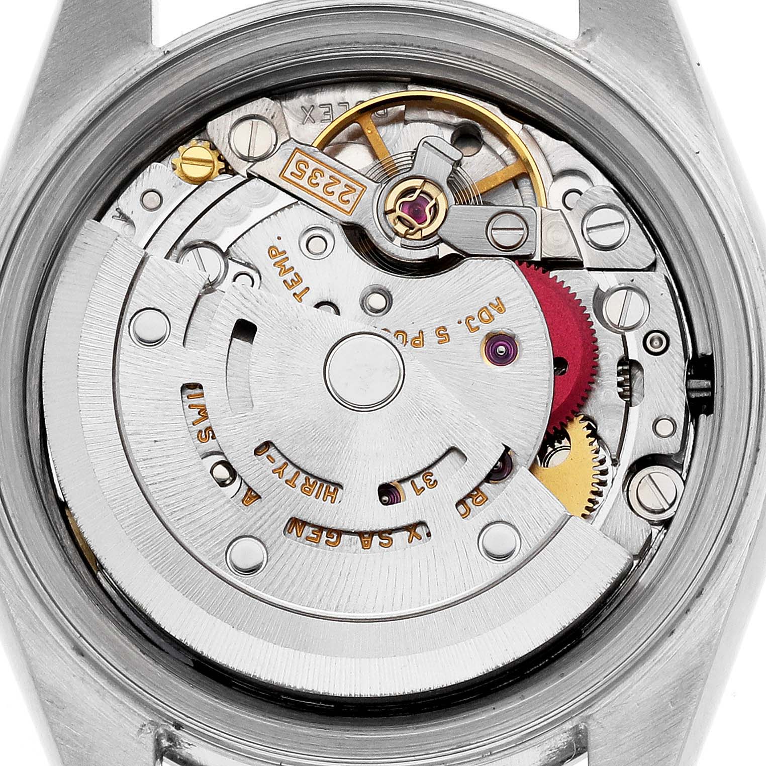 This image shows the internal mechanism of a Rolex Datejust 79174 Women's Stainless Steel White Dial 79174 Women's Stainless Steel White Dial watch from a top-down angle, highlighting the movement components.