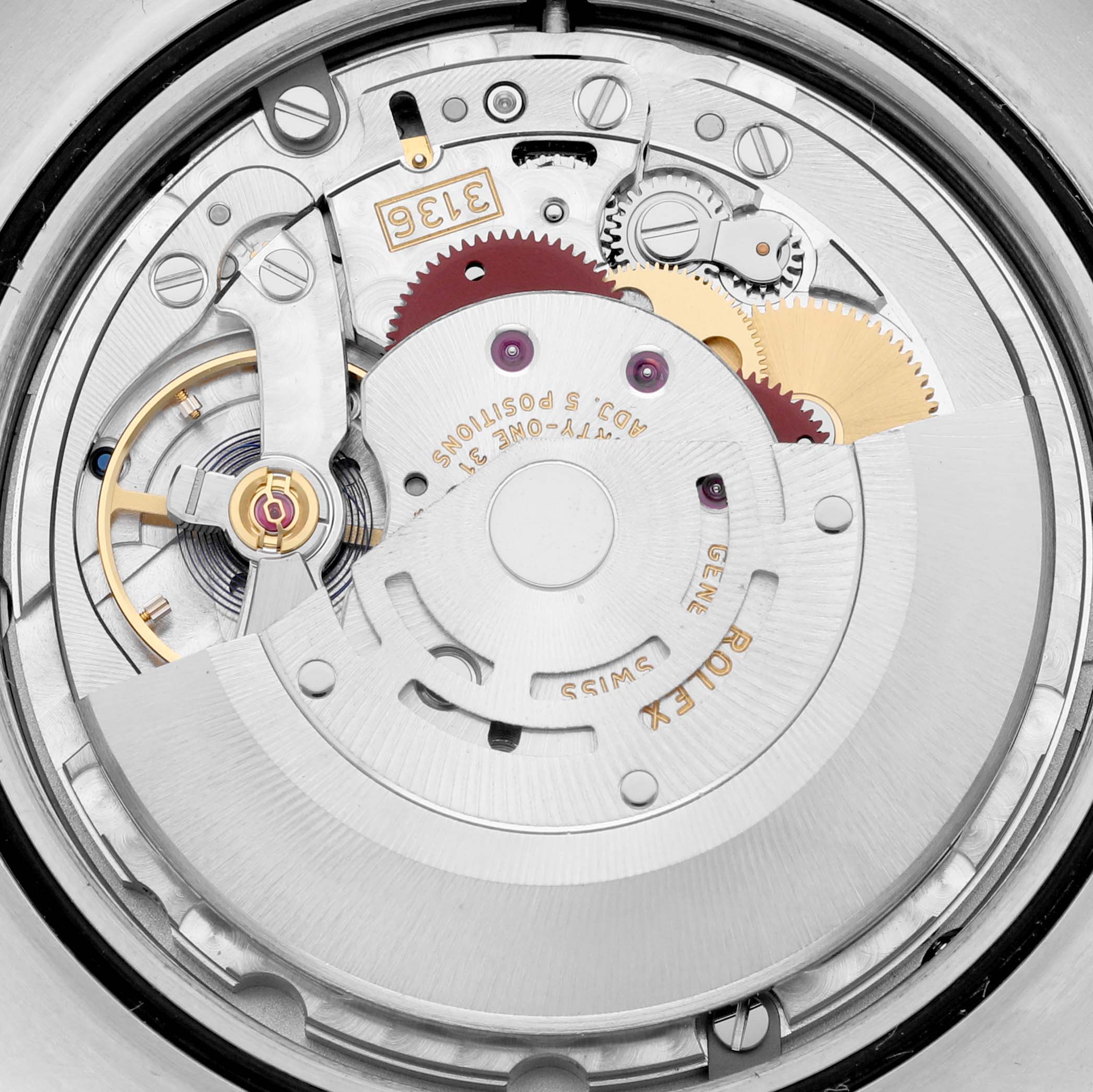 This image shows a close-up view of the inner mechanical movement components of the Rolex Datejust 41 116334 Men
s Stainless Steel Blue Dial 116334 Men
s Stainless Steel Blue Dial watch.