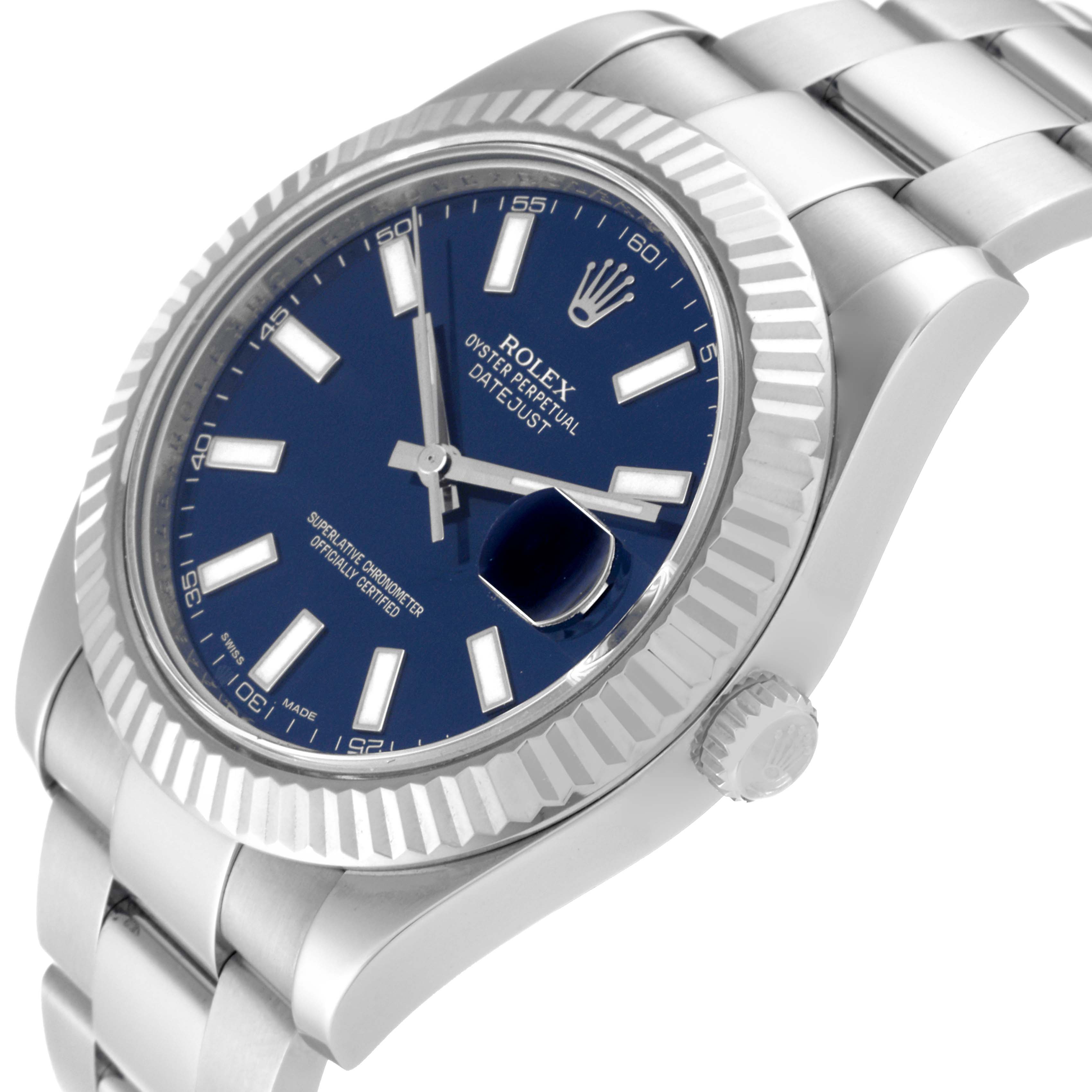 This image shows a Rolex Datejust 41 116334 Men
s Stainless Steel Blue Dial 116334 Men
s Stainless Steel Blue Dial model from an angled side view, highlighting the dial, bezel, and part of the bracelet.