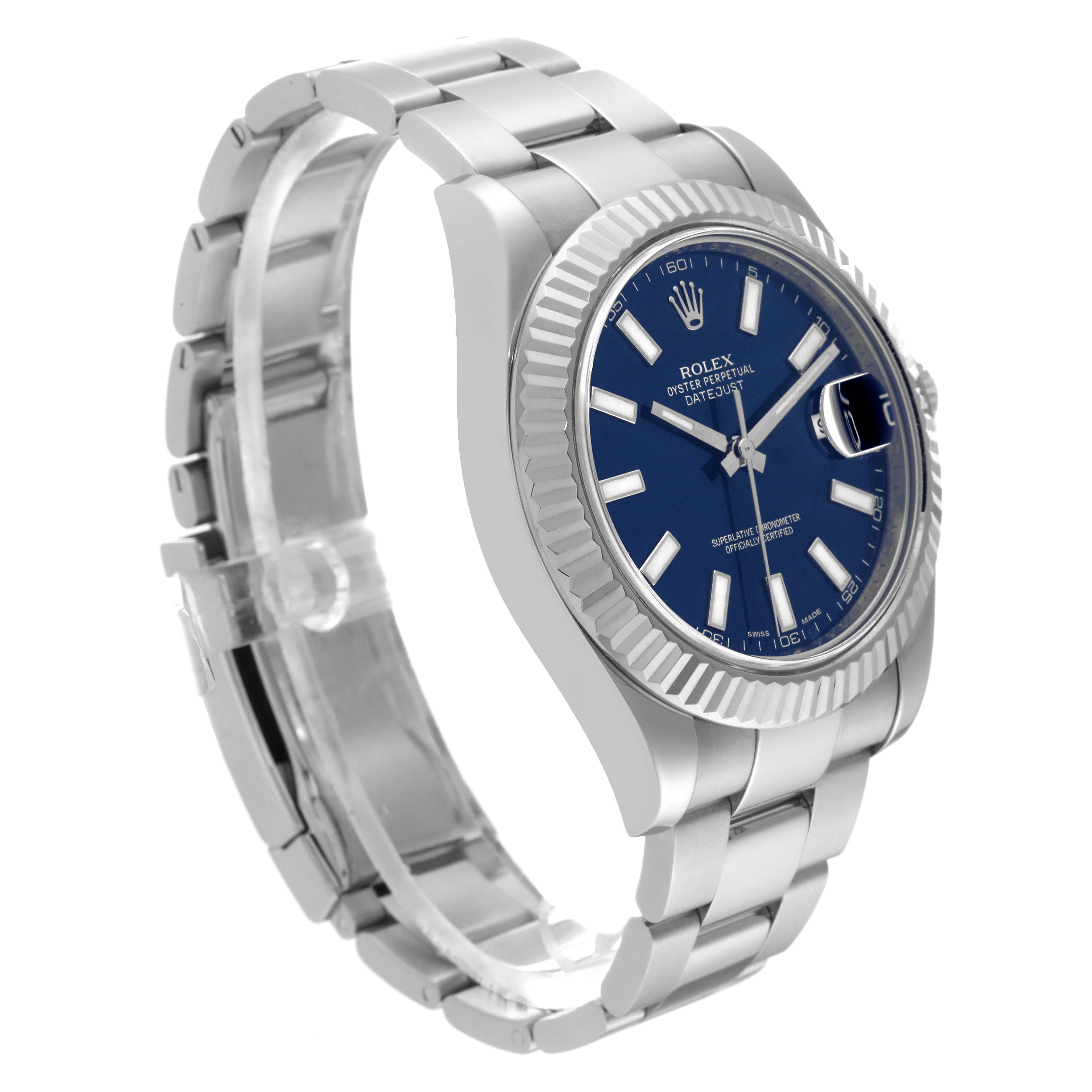 This is a side angle view of the Rolex Datejust 41 116334 Men
s Stainless Steel Blue Dial 116334 Men
s Stainless Steel Blue Dial showing its case, fluted bezel, blue dial, bracelet, and clasp.