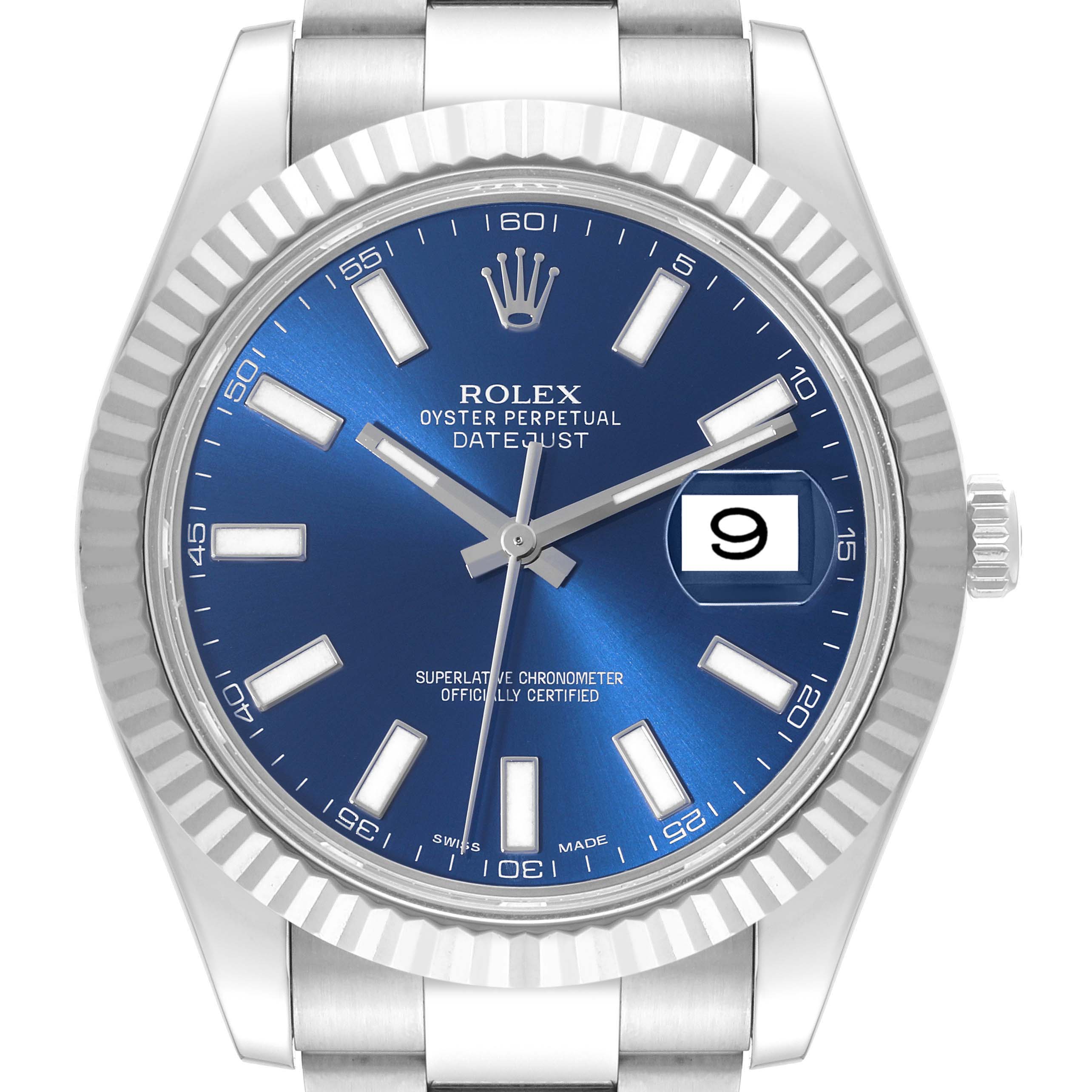 The image shows a front view of a Rolex Datejust 41 116334 Men
s Stainless Steel Blue Dial 116334 Men
s Stainless Steel Blue Dial watch featuring a blue dial and date window.