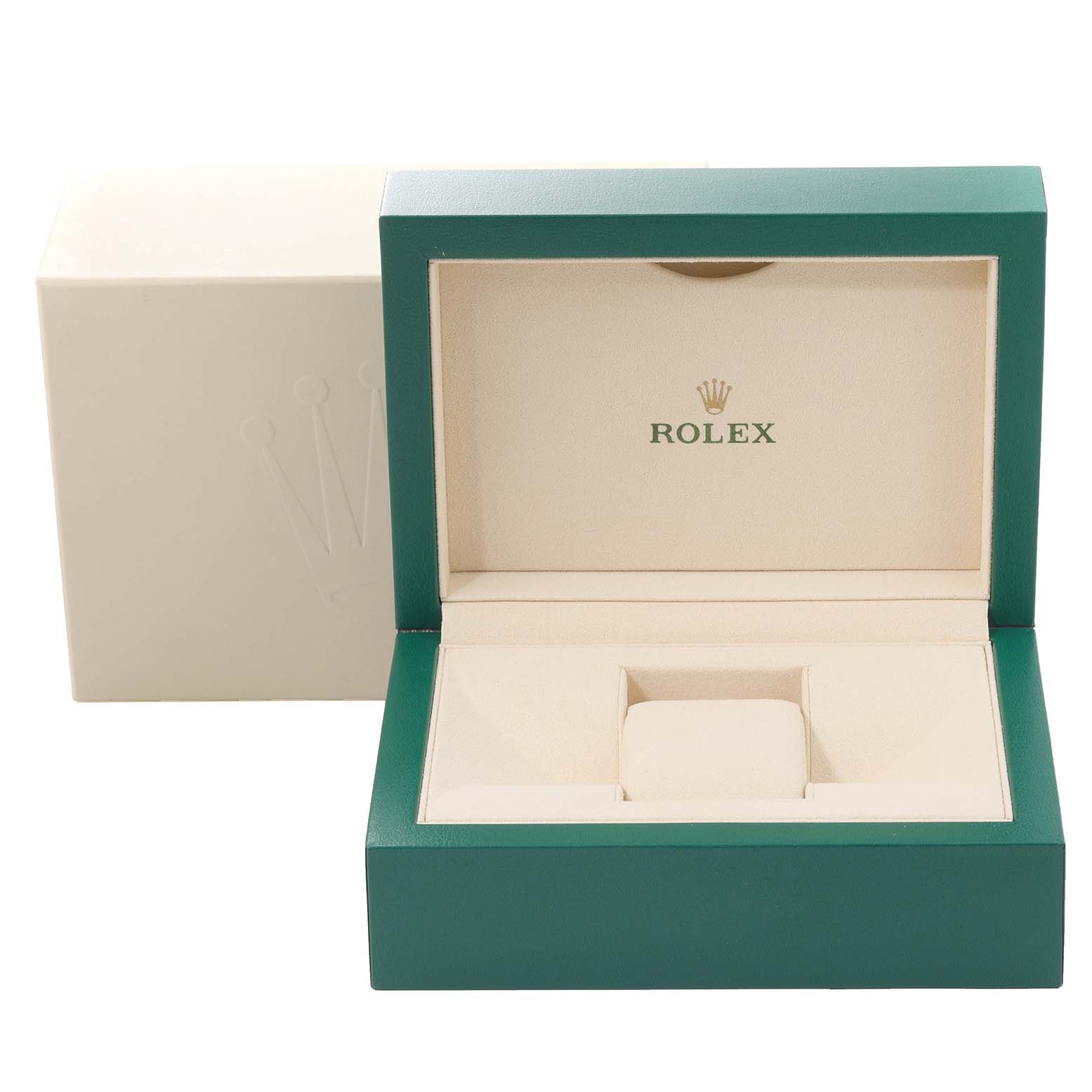 This image shows the open green and beige watch box for a Rolex Datejust 41 116334 Men
s Stainless Steel Blue Dial 116334 Men
s Stainless Steel Blue Dial model, without the watch inside.