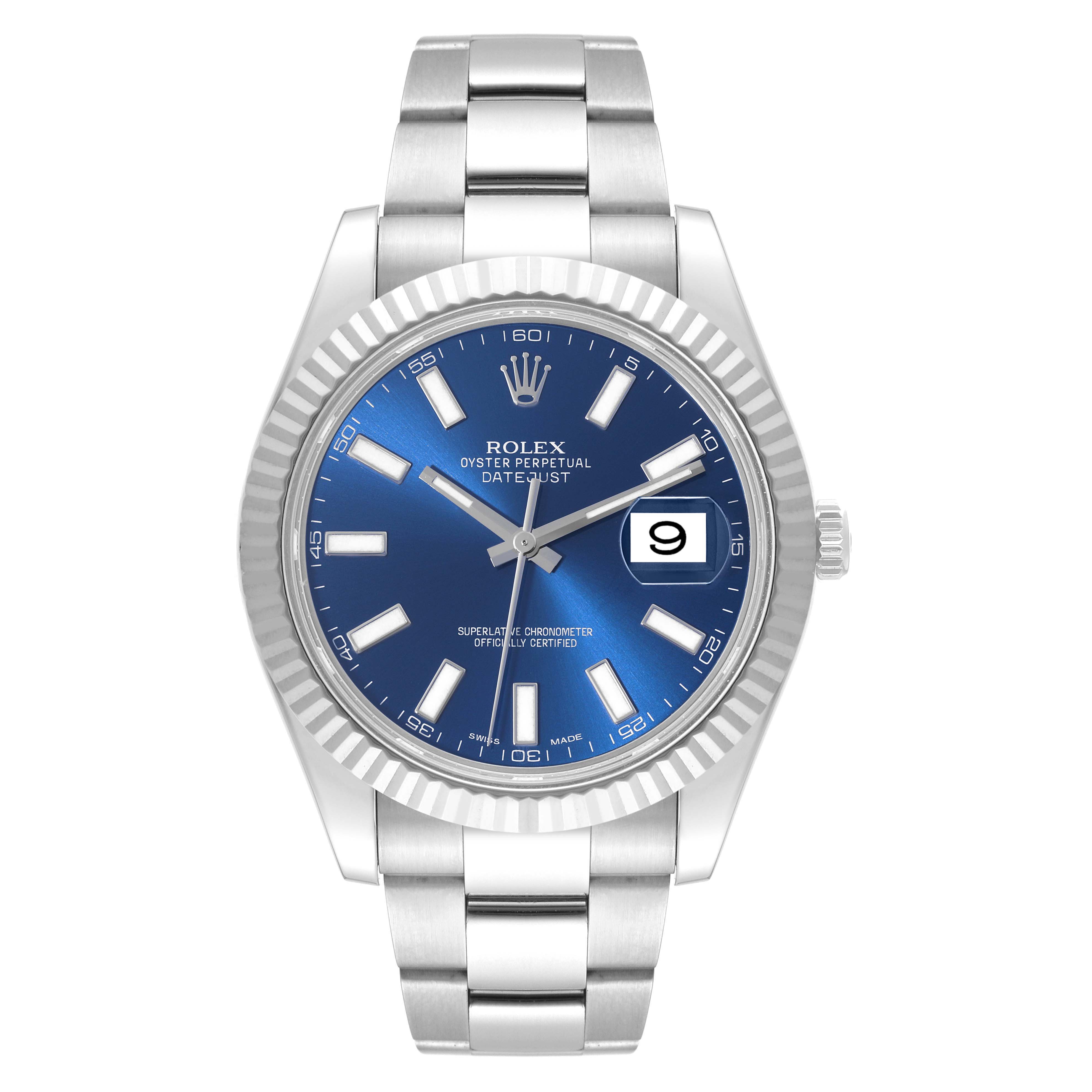 This is a front view of the Rolex Datejust 41 116334 Men
s Stainless Steel Blue Dial 116334 Men
s Stainless Steel Blue Dial watch, showing the dial, case, bezel, and bracelet.