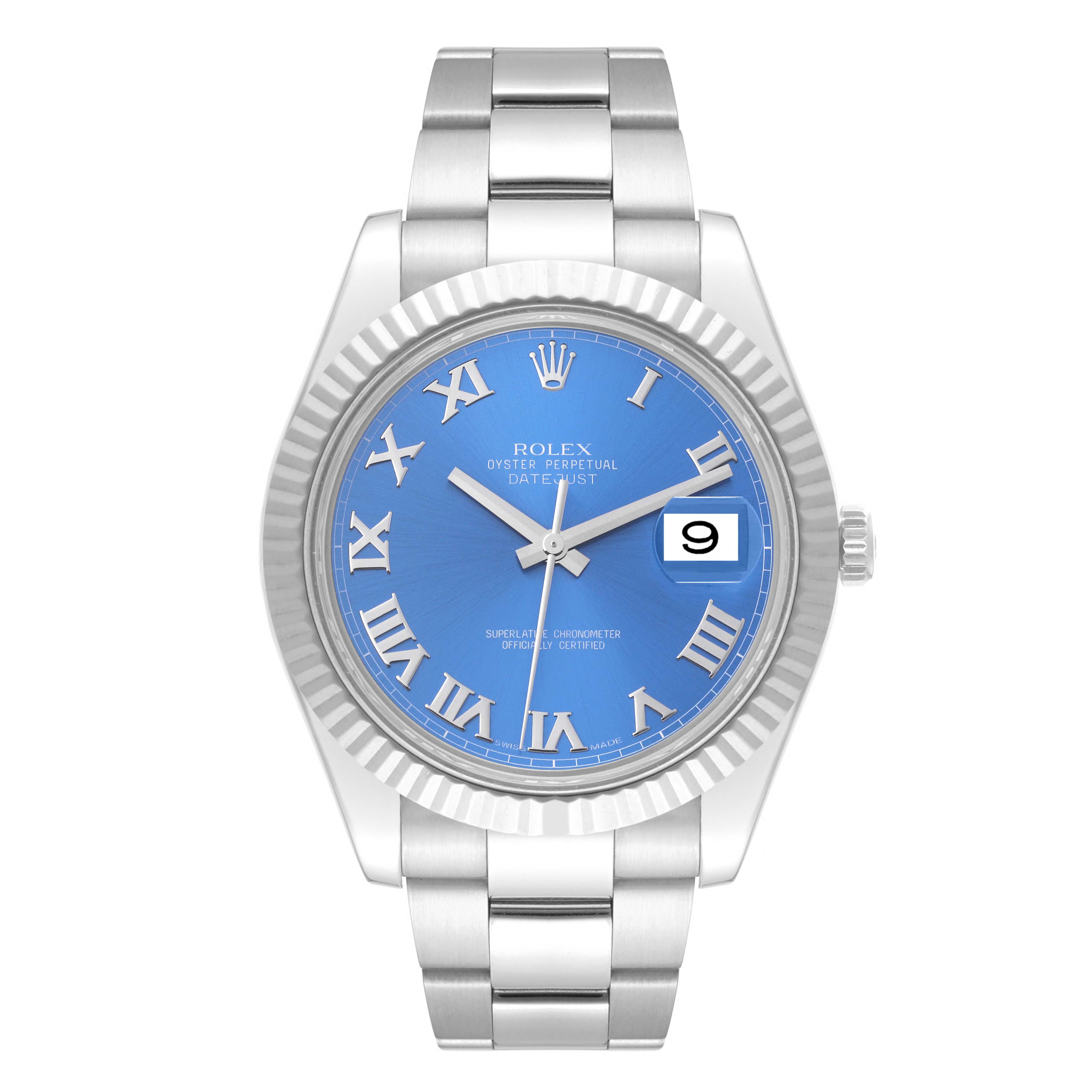 This image shows a Rolex Datejust 41 116334 Men
s Stainless Steel Blue Dial 116334 Men
s Stainless Steel Blue Dial watch from a front angle, featuring its blue dial, date display, and stainless steel bracelet.