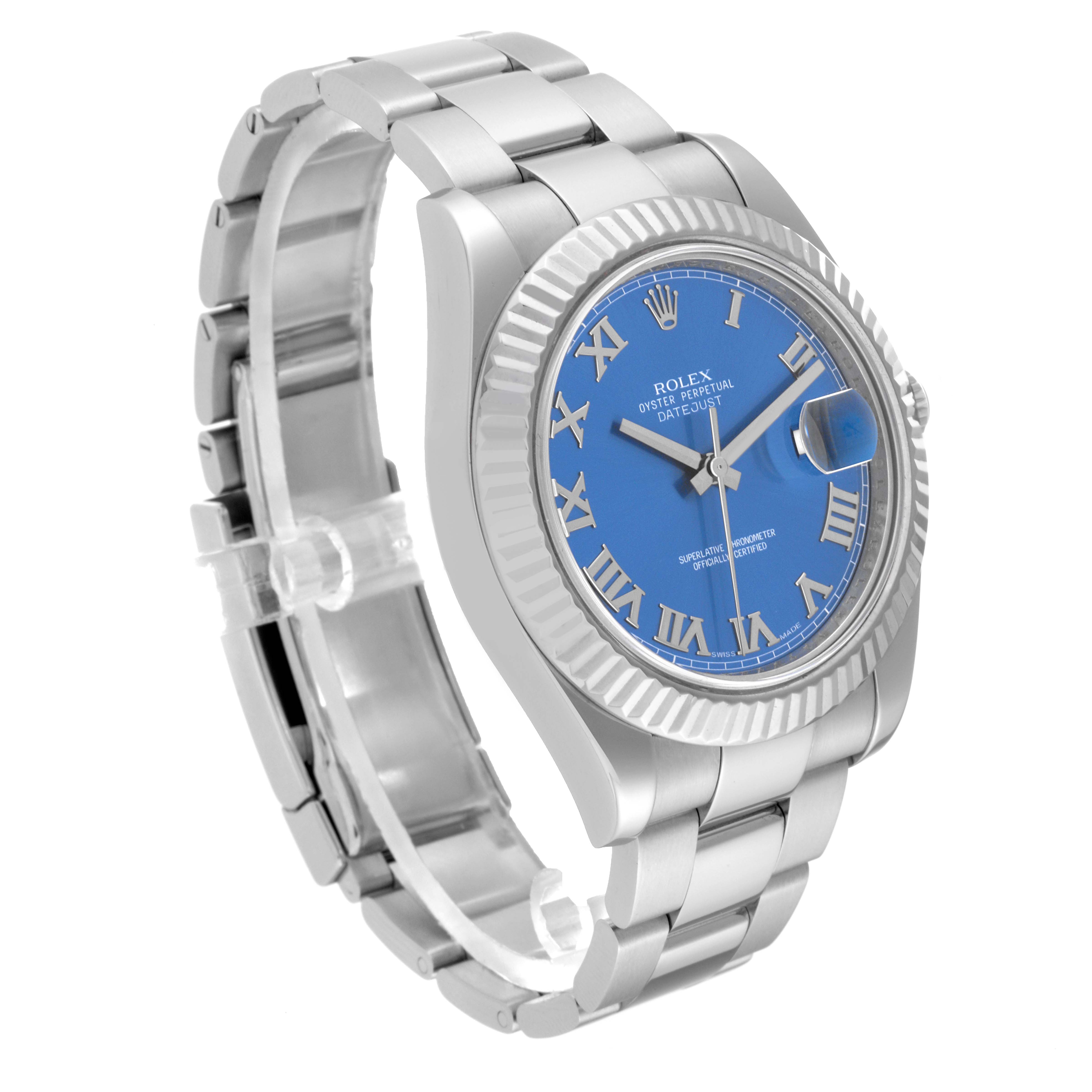 This image shows a Rolex Datejust 41 116334 Men
s Stainless Steel Blue Dial 116334 Men
s Stainless Steel Blue Dial watch from a slight side angle, highlighting its blue dial, bracelet, and fluted bezel.