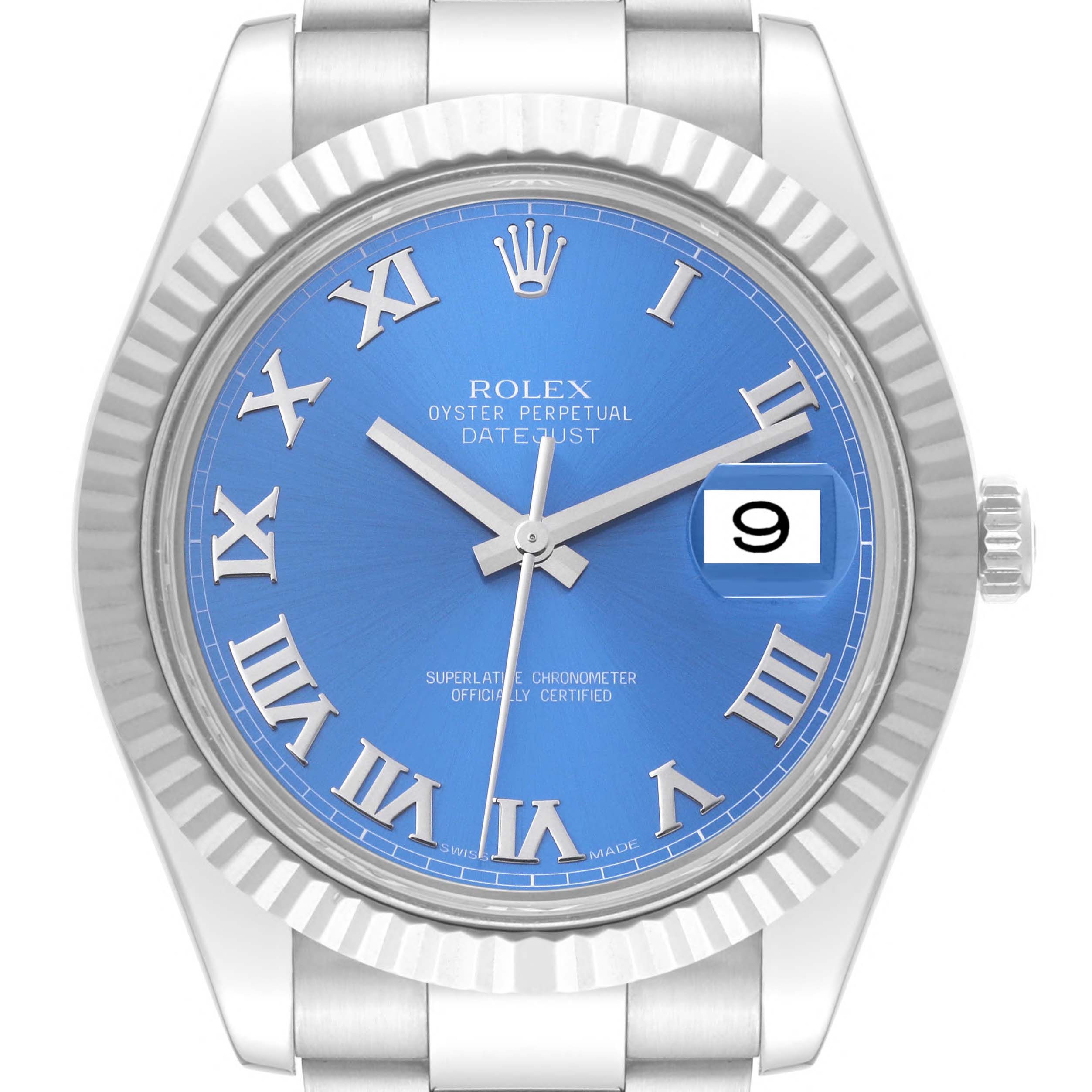 This image shows a front view of the Rolex Datejust 41 116334 Men
s Stainless Steel Blue Dial 116334 Men
s Stainless Steel Blue Dial, highlighting its blue dial, fluted bezel, and date window at 3 o
clock.
