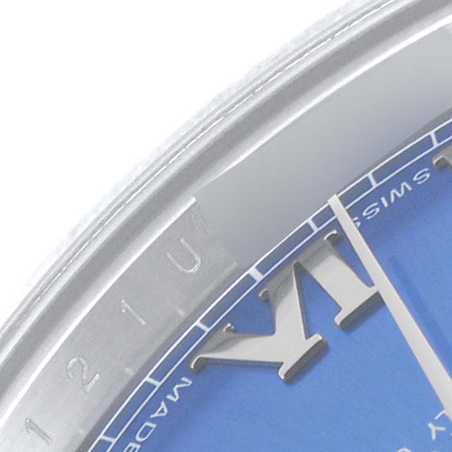The image shows a close-up of the dial and bezel of the Rolex Datejust 41 116334 Men
s Stainless Steel Blue Dial 116334 Men
s Stainless Steel Blue Dial watch, focusing on the hour markers and part of the rehaut.