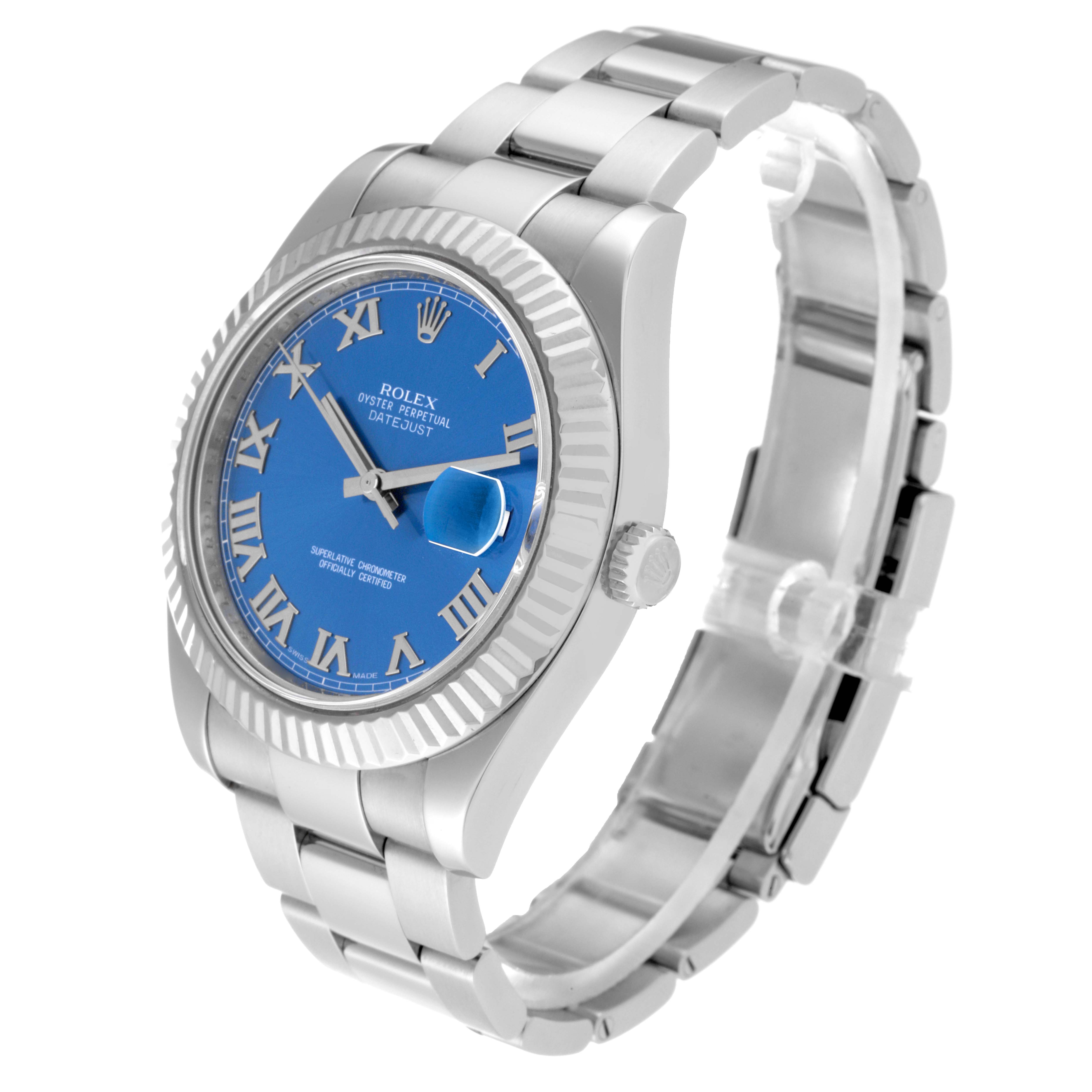 The image shows a Rolex Datejust 41 116334 Men
s Stainless Steel Blue Dial 116334 Men
s Stainless Steel Blue Dial watch from a front-side angle, highlighting its blue dial, bezel, and stainless steel bracelet.