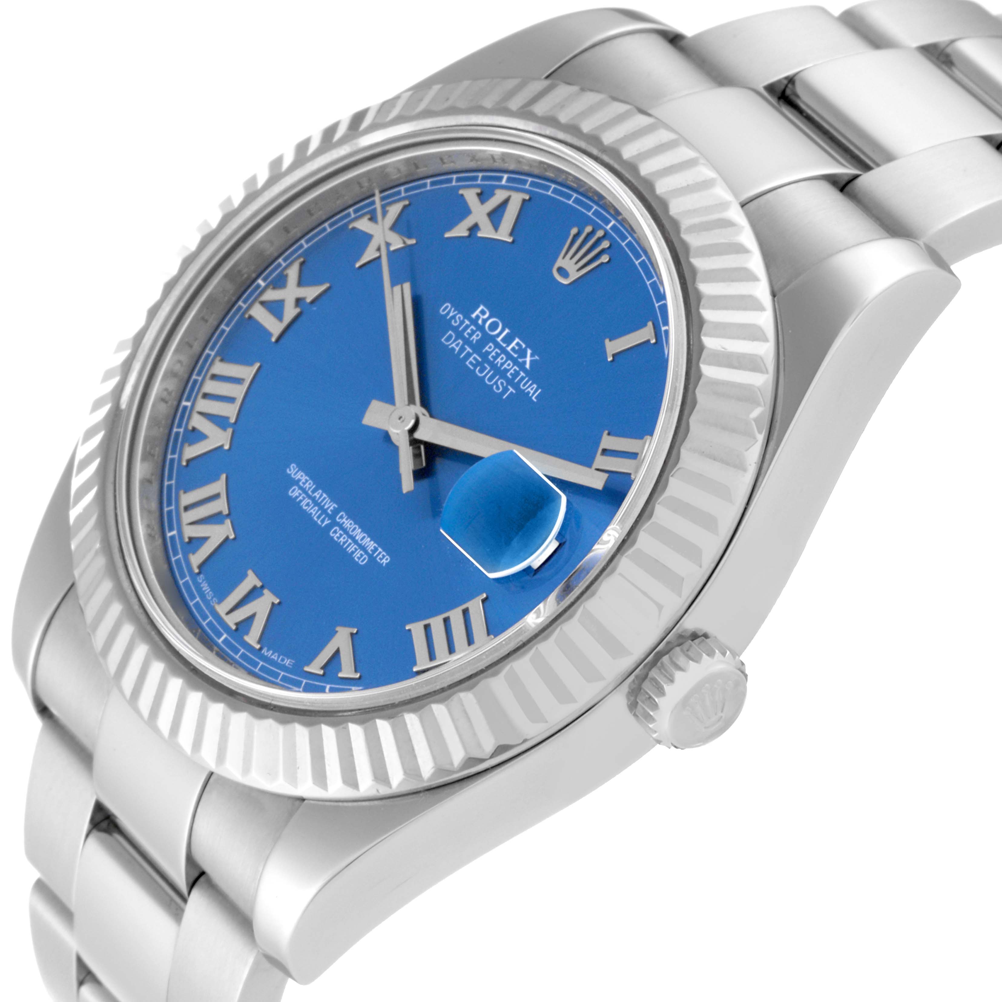 The image shows a side-angle view of the Rolex Datejust 41 116334 Men
s Stainless Steel Blue Dial 116334 Men
s Stainless Steel Blue Dial watch, highlighting the blue dial, fluted bezel, and part of the bracelet.