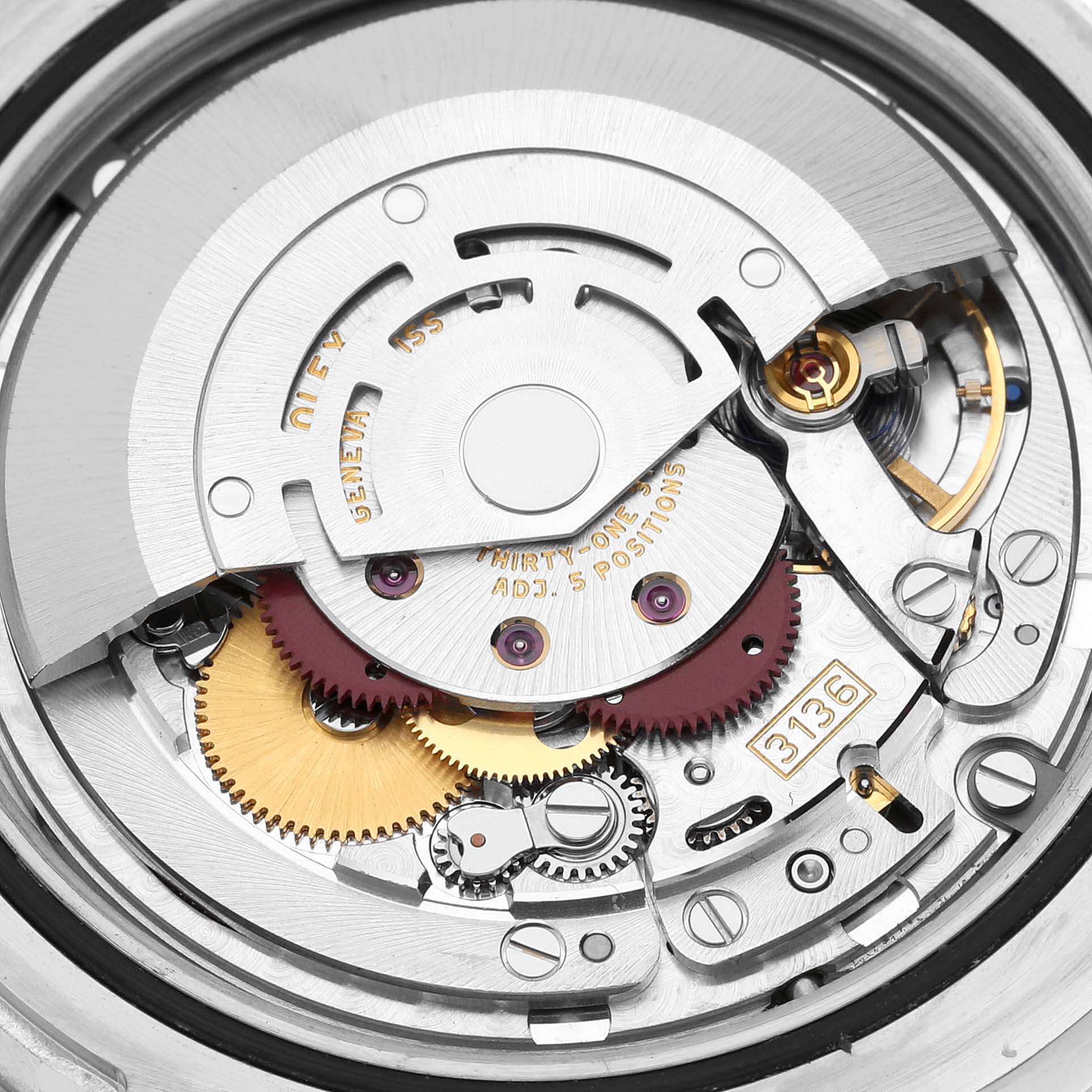 The image shows the intricate internal movement mechanism of the Rolex Datejust 41 116334 Men
s Stainless Steel Blue Dial 116334 Men
s Stainless Steel Blue Dial watch viewed from the back.