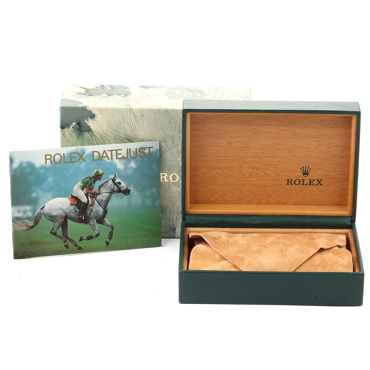 The image shows an open Rolex Vintage Collection 16014 Men
s Stainless Steel Silver Dial 16014 Men
s Stainless Steel Silver Dial watch box, its outer box, and a Rolex Datejust booklet.