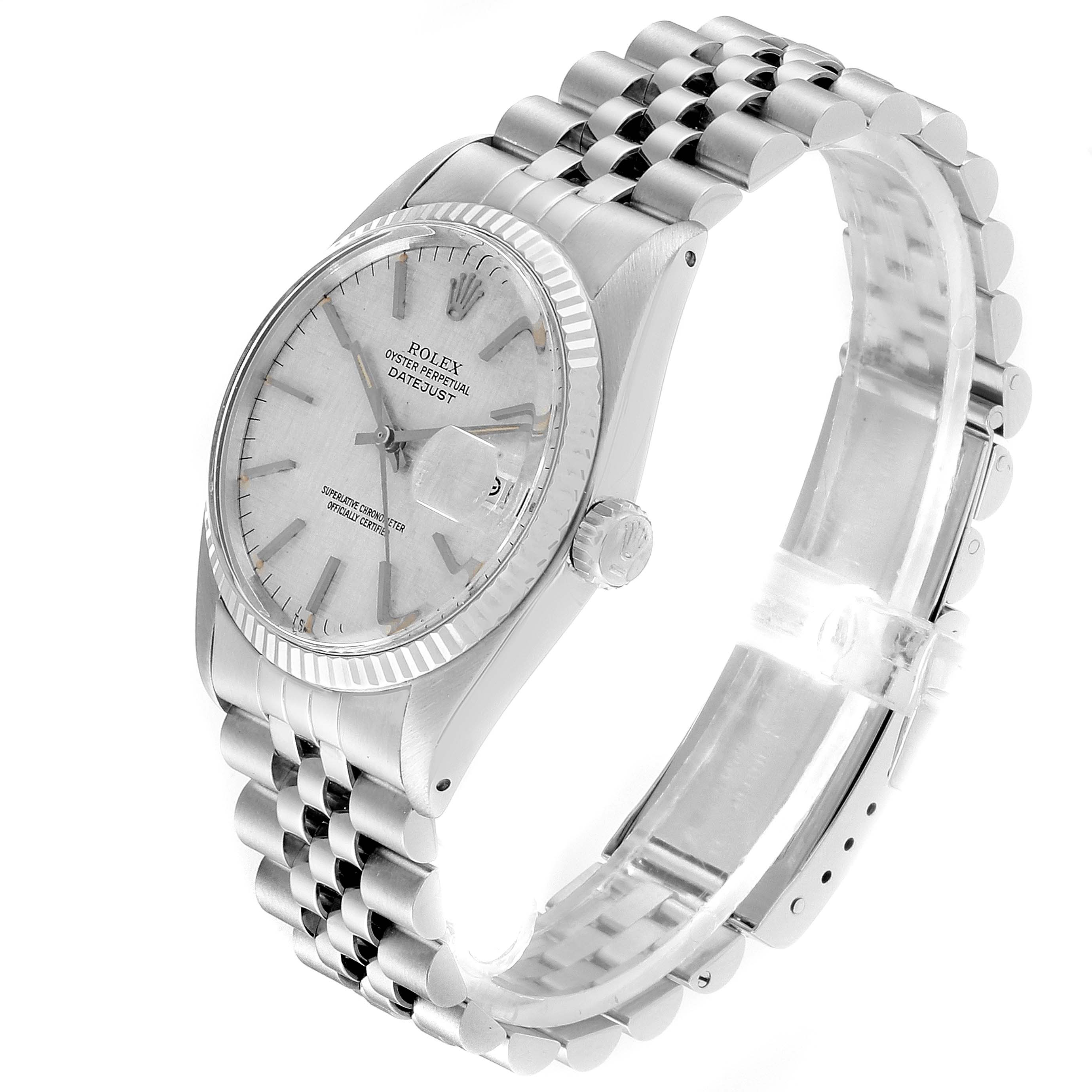 The image shows a side and angled top view of a Rolex Vintage Collection 16014 Men
s Stainless Steel Silver Dial 16014 Men
s Stainless Steel Silver Dial watch, displaying its face, bezel, crown, and metal bracelet.