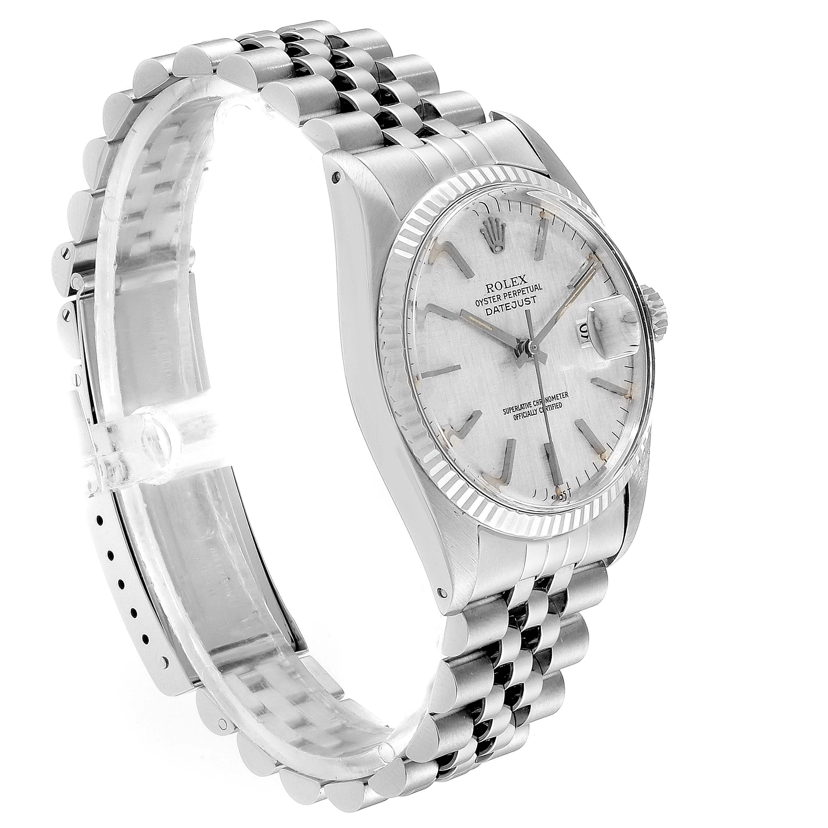 This image shows a Rolex Vintage Collection 16014 Men
s Stainless Steel Silver Dial 16014 Men
s Stainless Steel Silver Dial Datejust watch angled slightly to showcase its face and Jubilee bracelet.