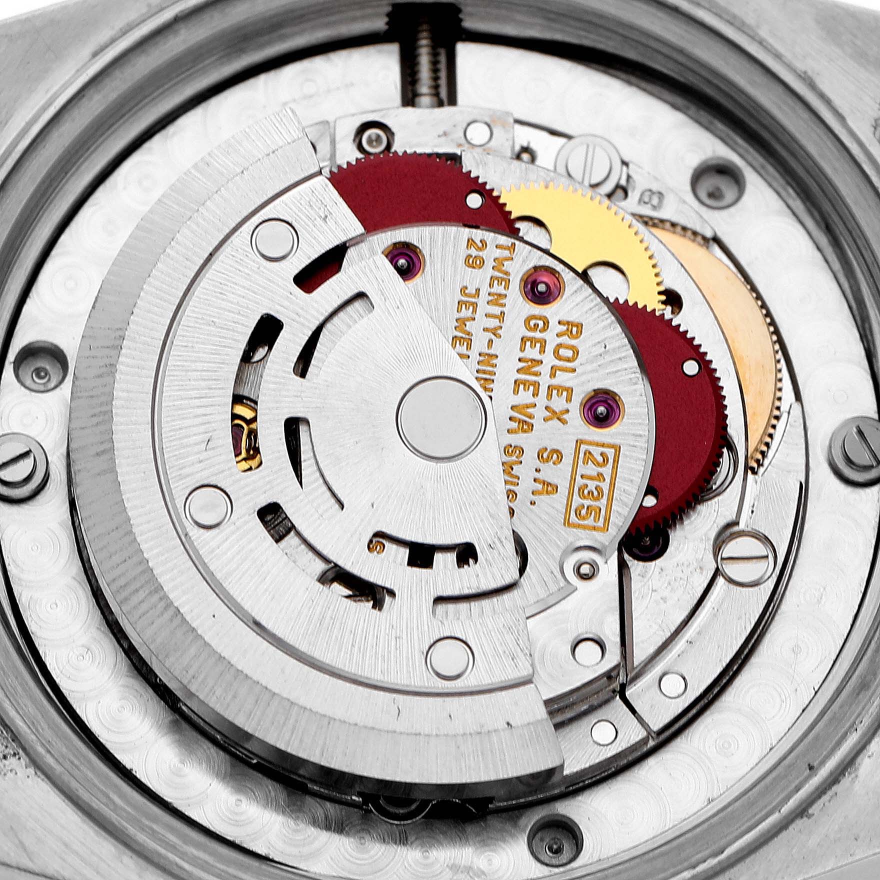 The image shows a close-up of the movement of a Rolex Mid-Size 68273 Women's Steel and Gold (two tone) Champagne Dial watch, highlighting the rotor and gears from a top-down angle.