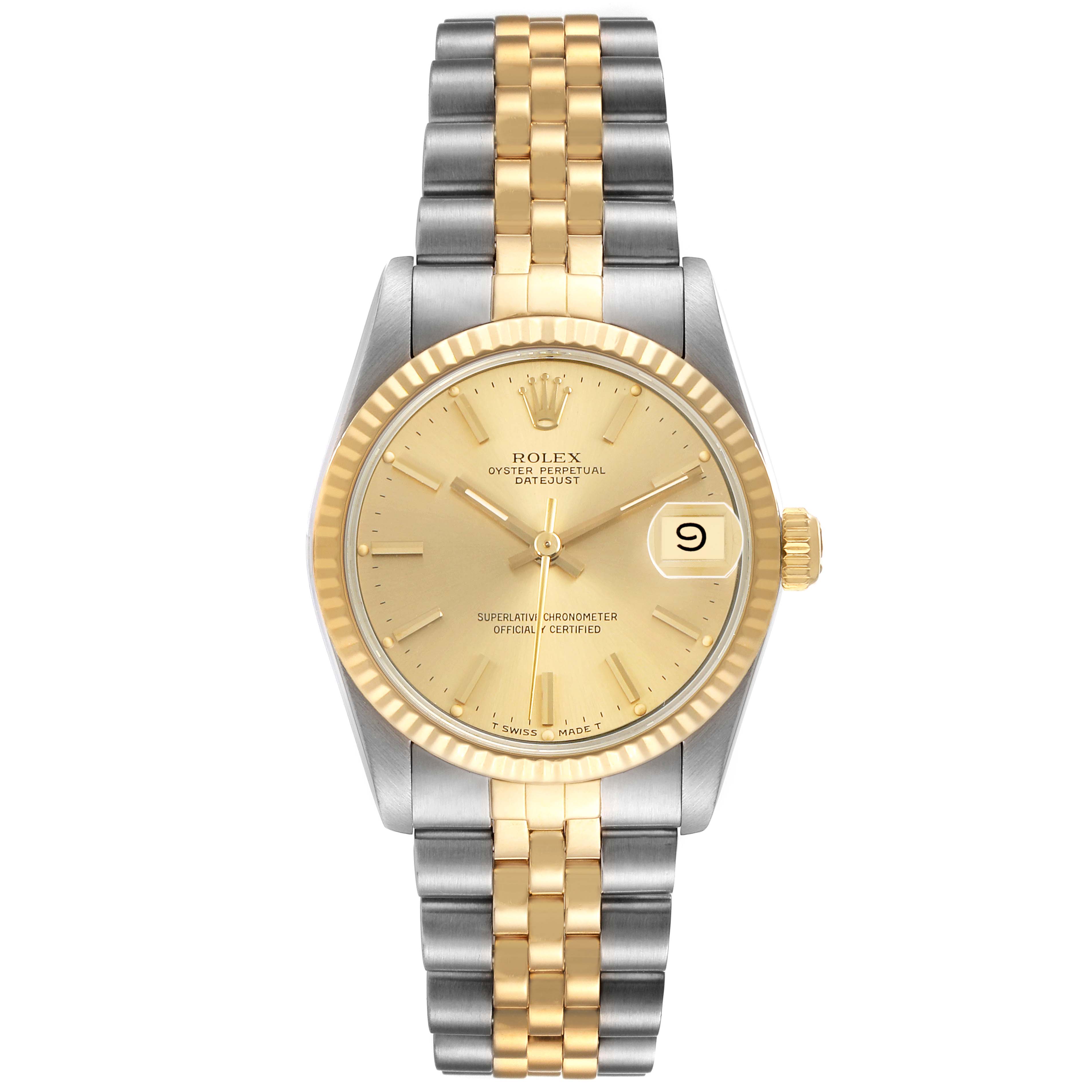The Rolex Mid-Size 68273 Women's Steel and Gold (two tone) Champagne Dial model watch is shown from the front, displaying the dial, bezel, two-tone bracelet, and crown.