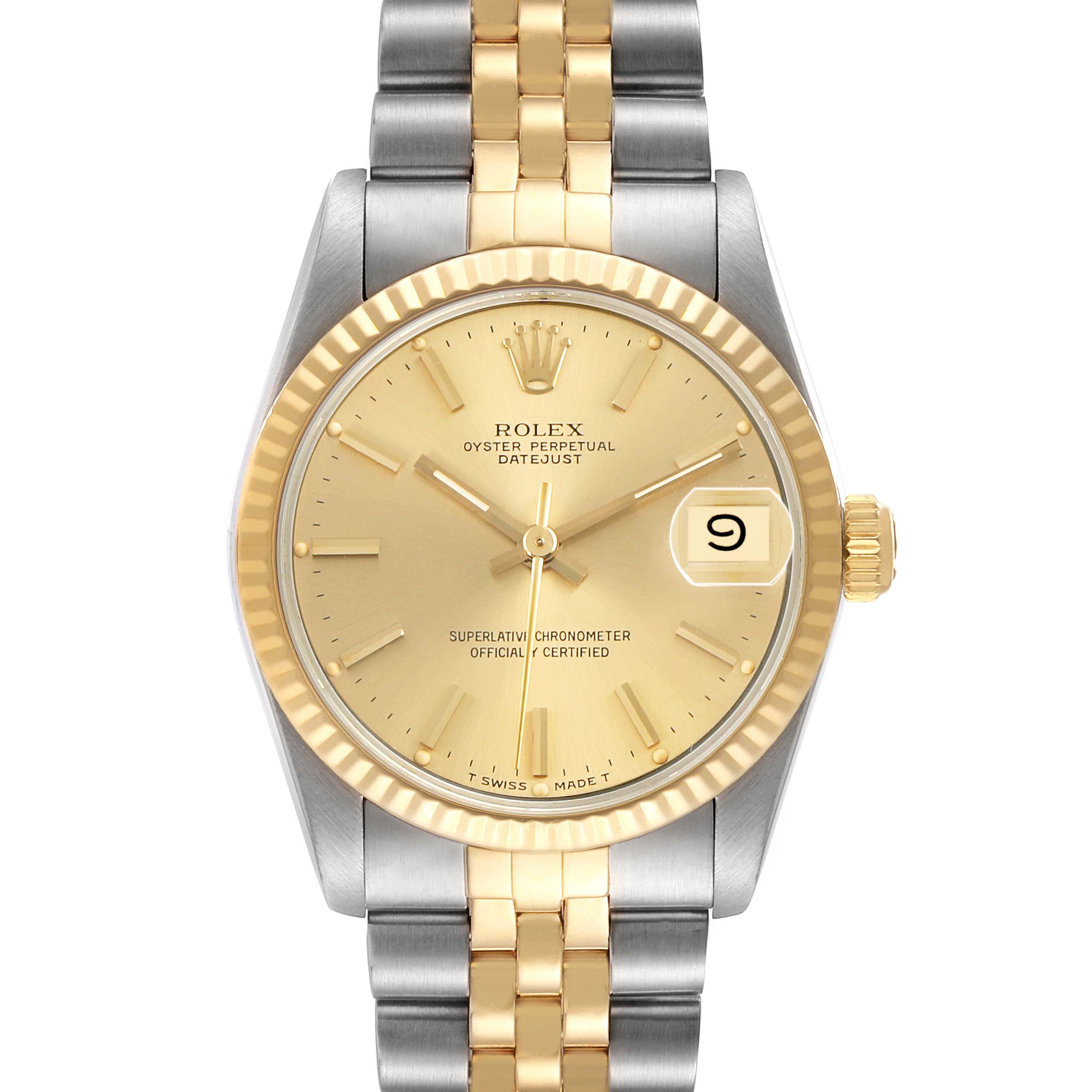 The Rolex Mid-Size 68273 Women's Steel and Gold (two tone) Champagne Dial watch is shown from the front, featuring the dial, fluted bezel, crown, and two-tone bracelet.