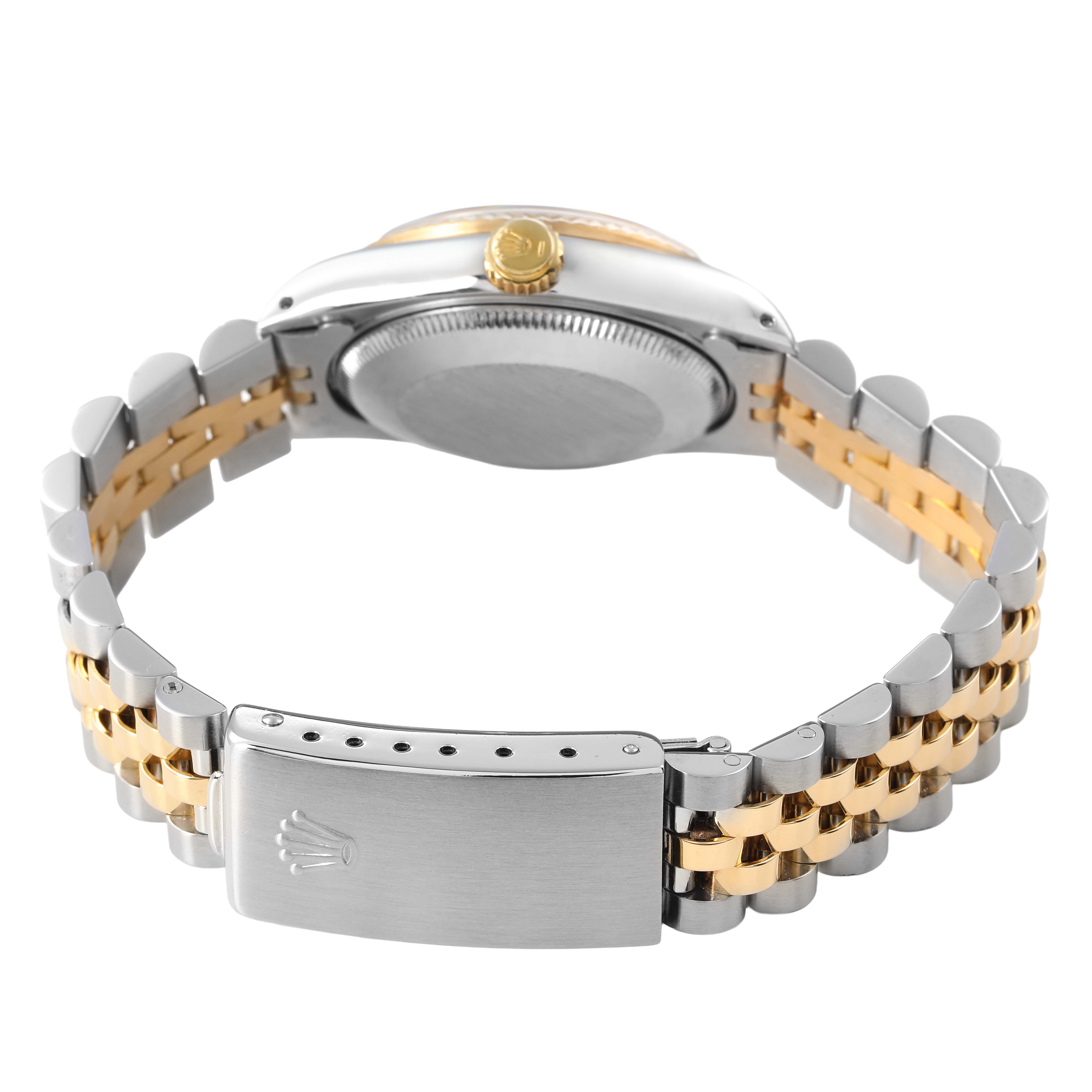 The image shows a side and back view of a Rolex Mid-Size 68273 Women's Steel and Gold (two tone) Champagne Dial model, highlighting the crown, case back, and two-tone bracelet.