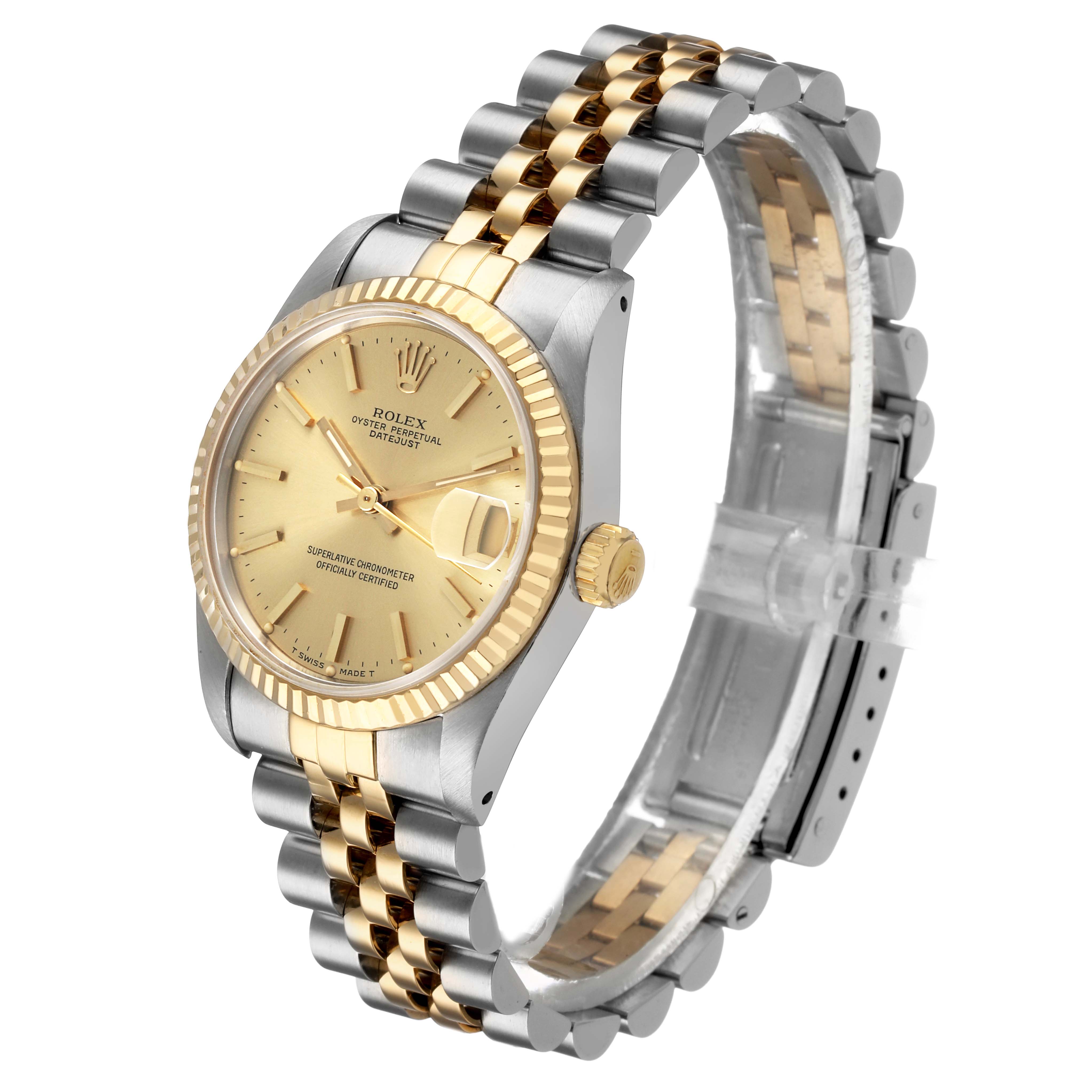 The Rolex Mid-Size 68273 Women's Steel and Gold (two tone) Champagne Dial watch is shown at a slight angled view, highlighting its dial, fluted bezel, and two-tone bracelet.