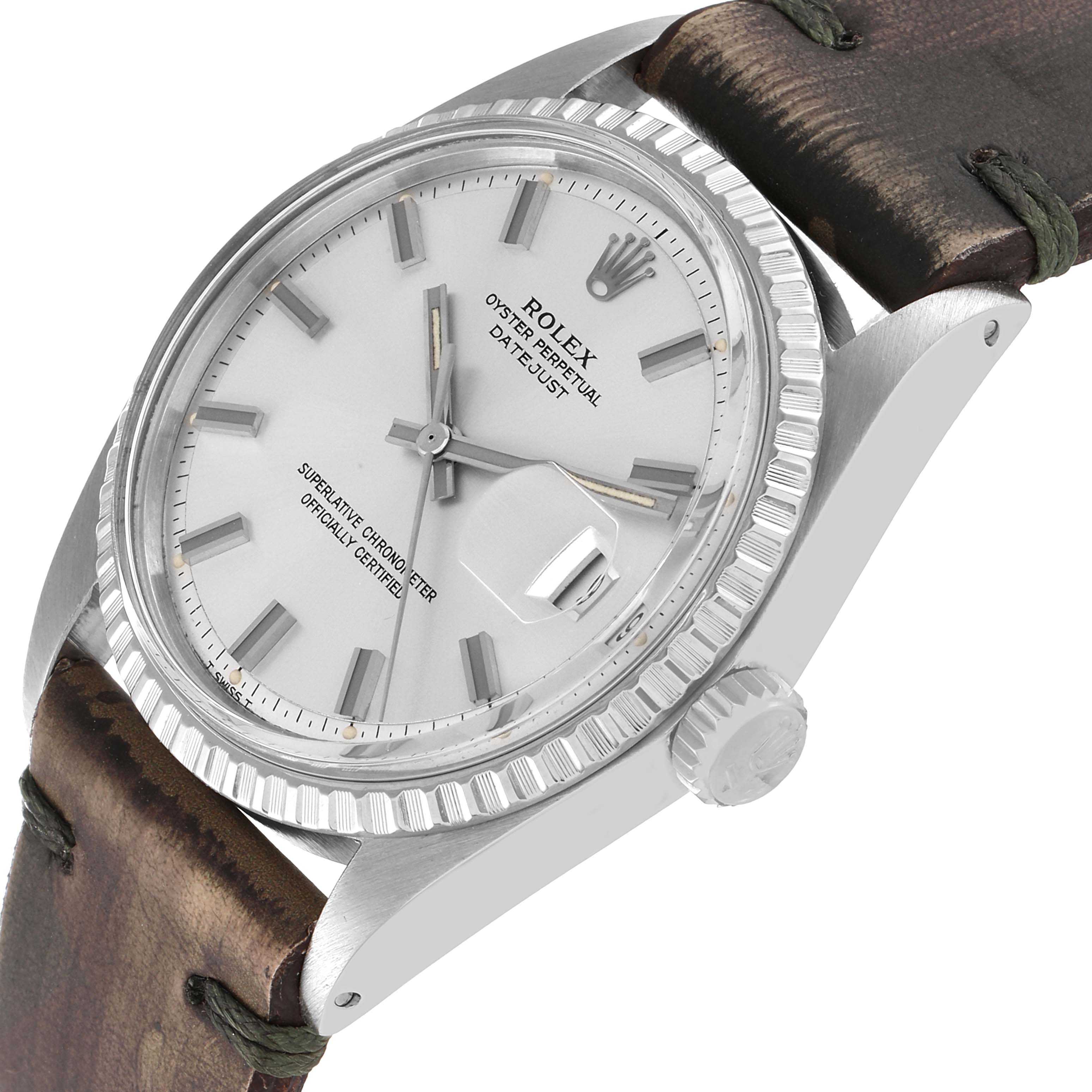 The image shows a Rolex Vintage Collection 1603 Men's Stainless Steel Silver Dial 1603 Men's Stainless Steel Silver Dial Datejust watch at a slight side angle, highlighting the face, bezel, and leather strap.