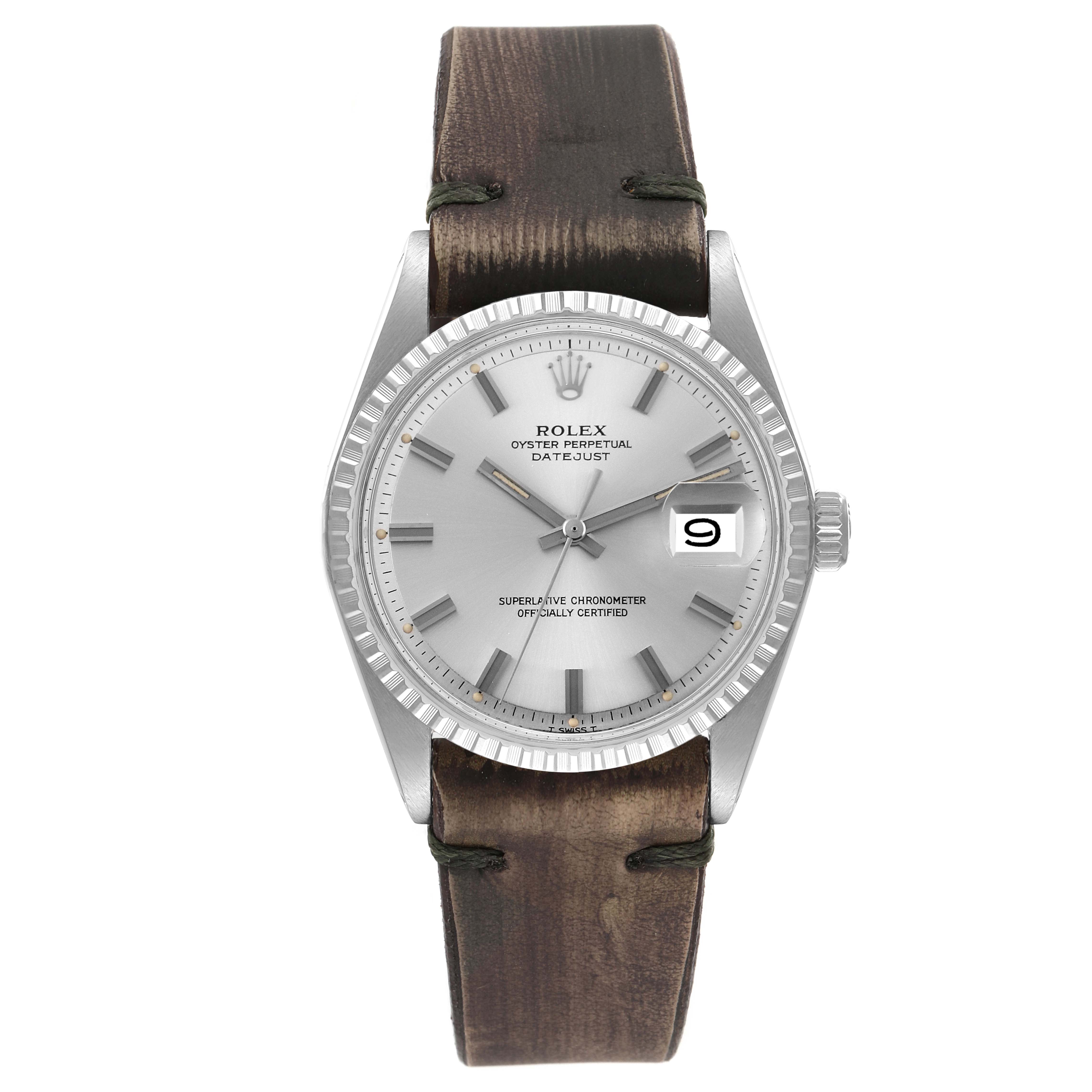 The image displays a Rolex Vintage Collection 1603 Men's Stainless Steel Silver Dial 1603 Men's Stainless Steel Silver Dial watch with a silver dial and brown leather strap, viewed from the front.