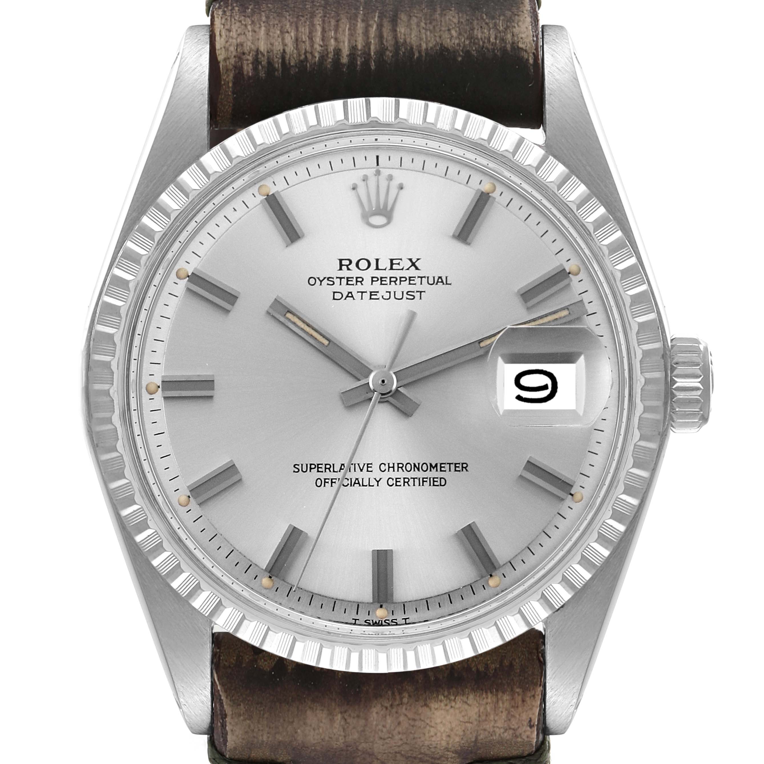The image shows a front angle of the Rolex Vintage Collection 1603 Men's Stainless Steel Silver Dial 1603 Men's Stainless Steel Silver Dial Oyster Perpetual Datejust watch, highlighting the dial, bezel, and crown.