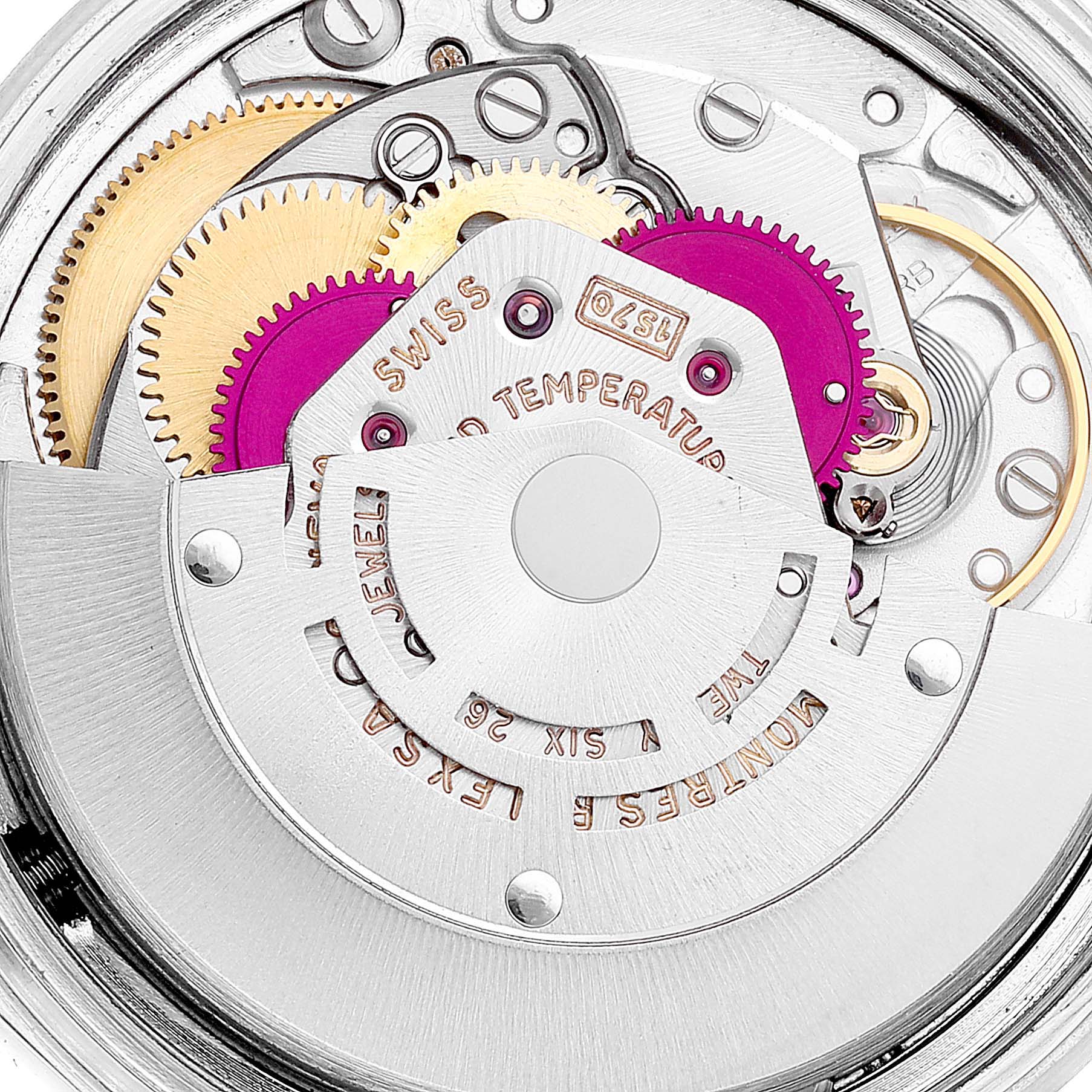 The image shows a close-up of the intricate inner mechanism of the Rolex Vintage Collection 1603 Men's Stainless Steel Silver Dial 1603 Men's Stainless Steel Silver Dial watch.