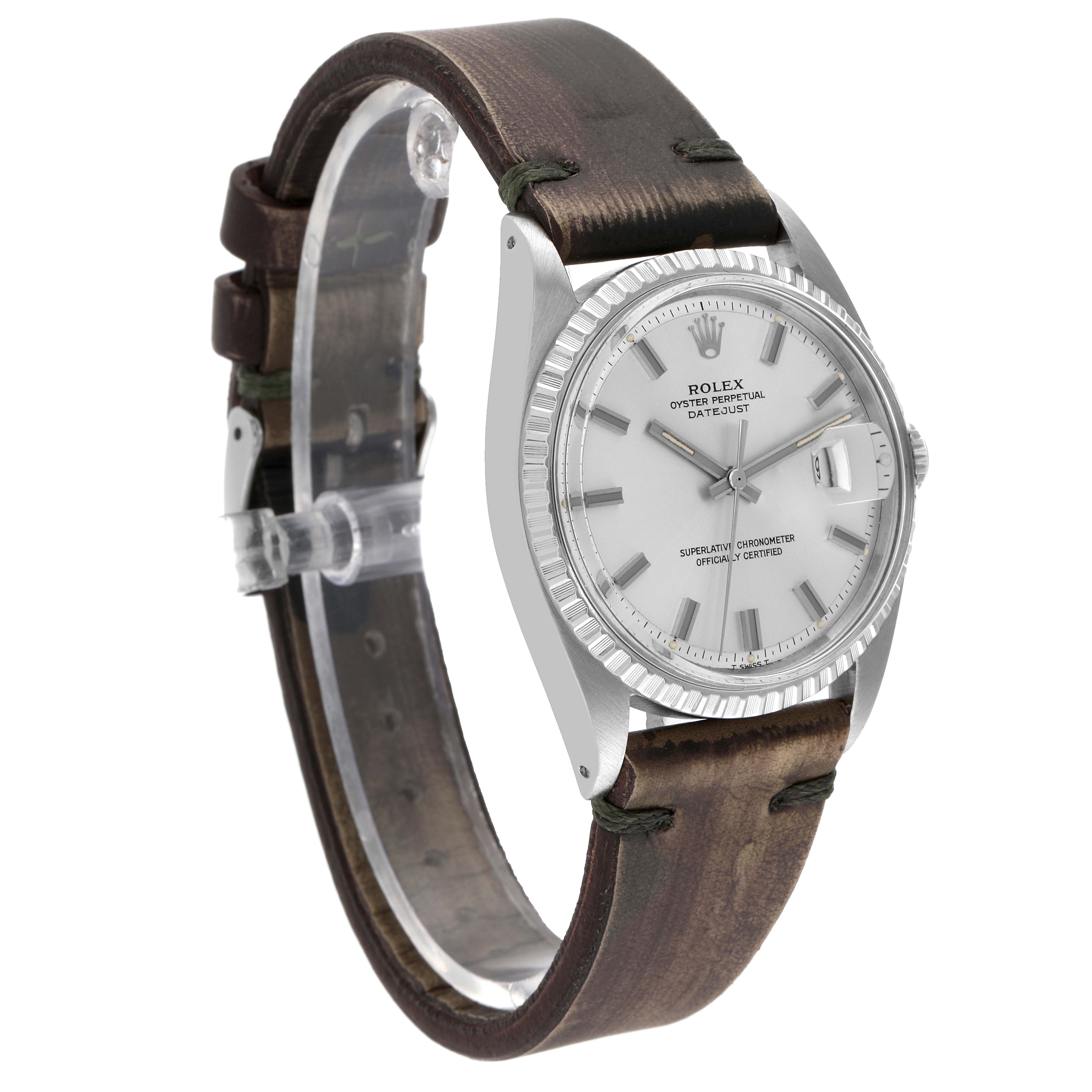 The image shows a Rolex Vintage Collection 1603 Men's Stainless Steel Silver Dial 1603 Men's Stainless Steel Silver Dial watch model from a side angle, displaying the face, bezel, and leather strap.