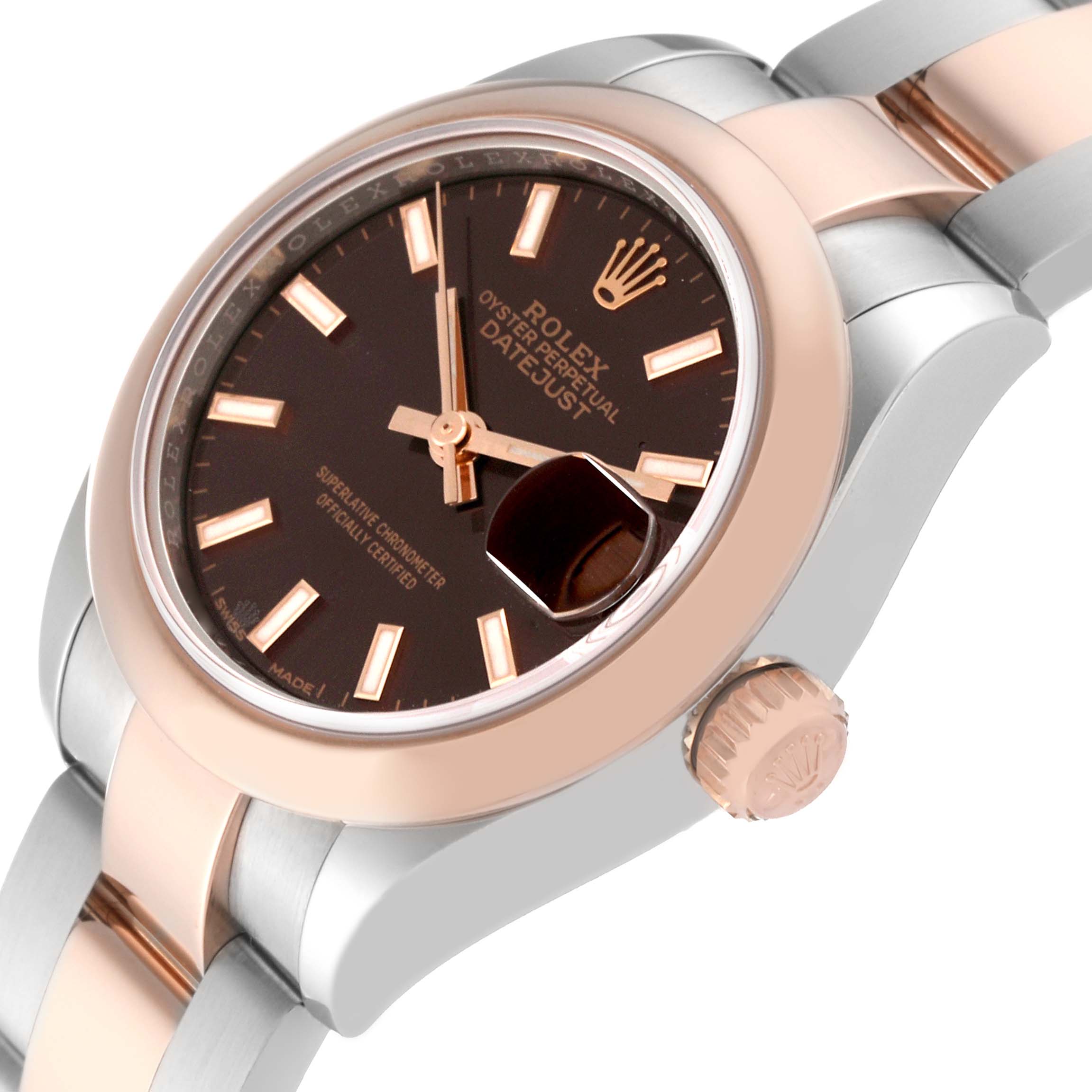 The image shows a close-up angled view of the Rolex Datejust 279161 Women's Steel and Gold (two tone) Brown Dial 279161 Women's Steel and Gold (two tone) Brown Dial, highlighting the dial, crown, and part of the bracelet.