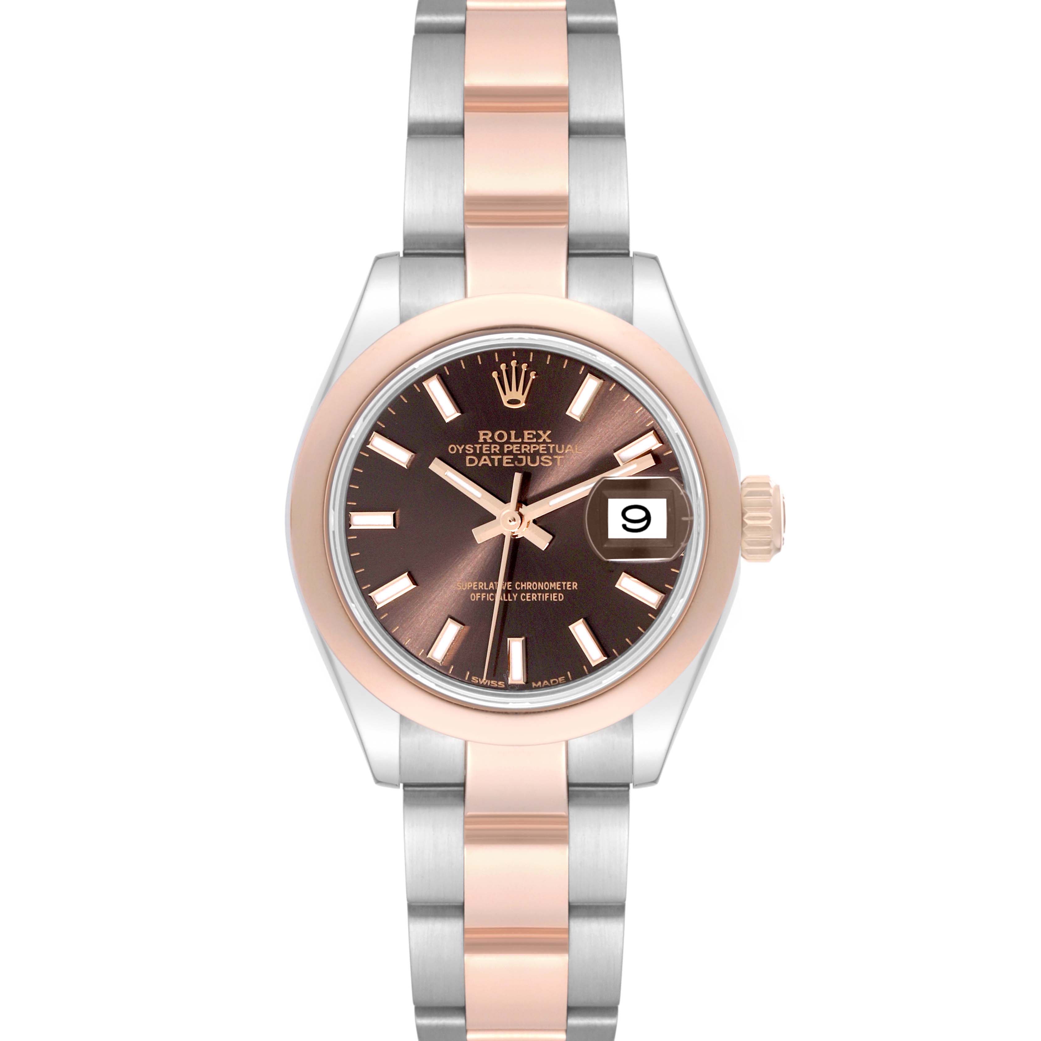 The Rolex Datejust 279161 Women's Steel and Gold (two tone) Brown Dial 279161 Women's Steel and Gold (two tone) Brown Dial watch is shown from a top-down angle, displaying the face, bezel, and bracelet.
