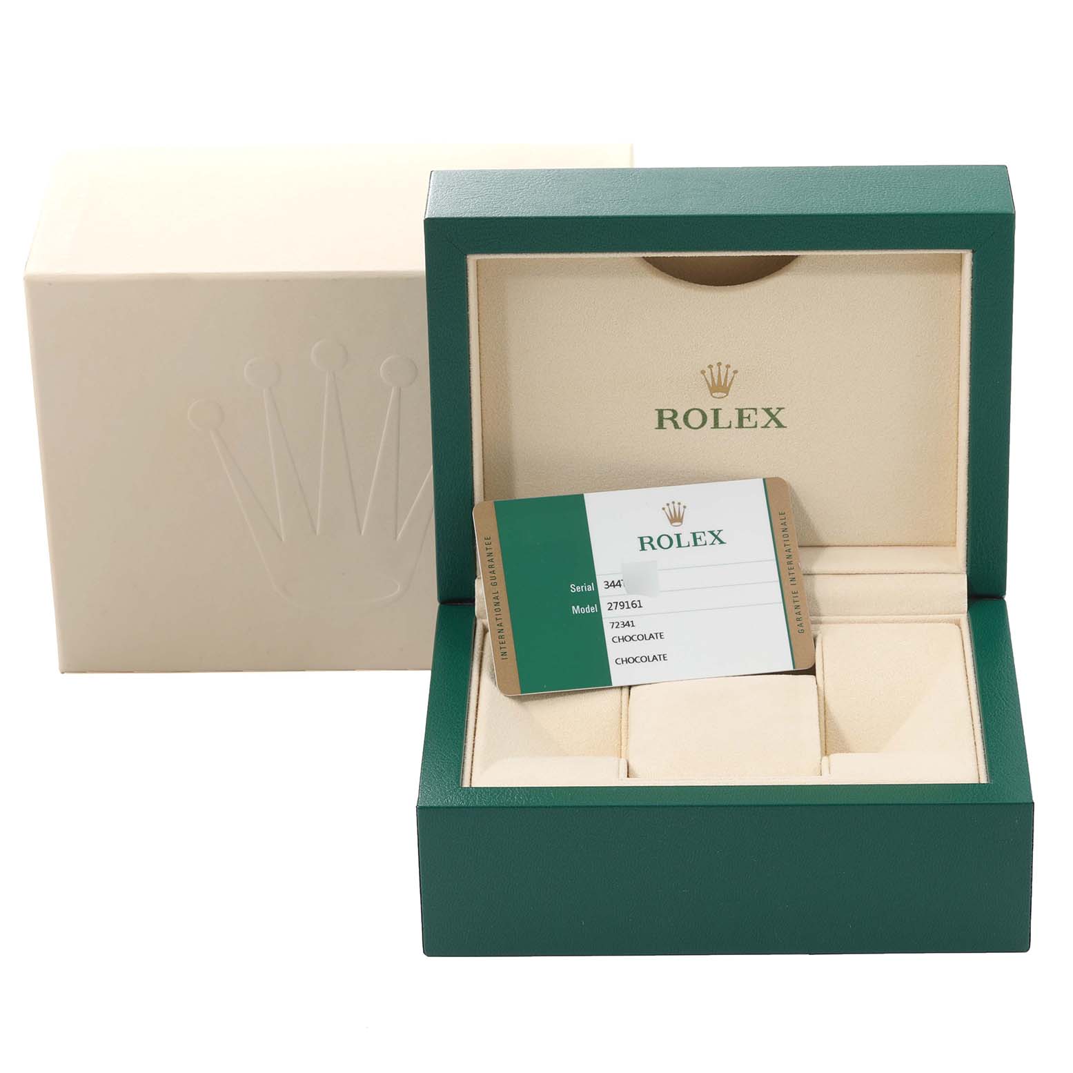 The image shows an open Rolex Datejust 279161 Women's Steel and Gold (two tone) Brown Dial 279161 Women's Steel and Gold (two tone) Brown Dial watch box with a warranty card inside, alongside the outer protective box.