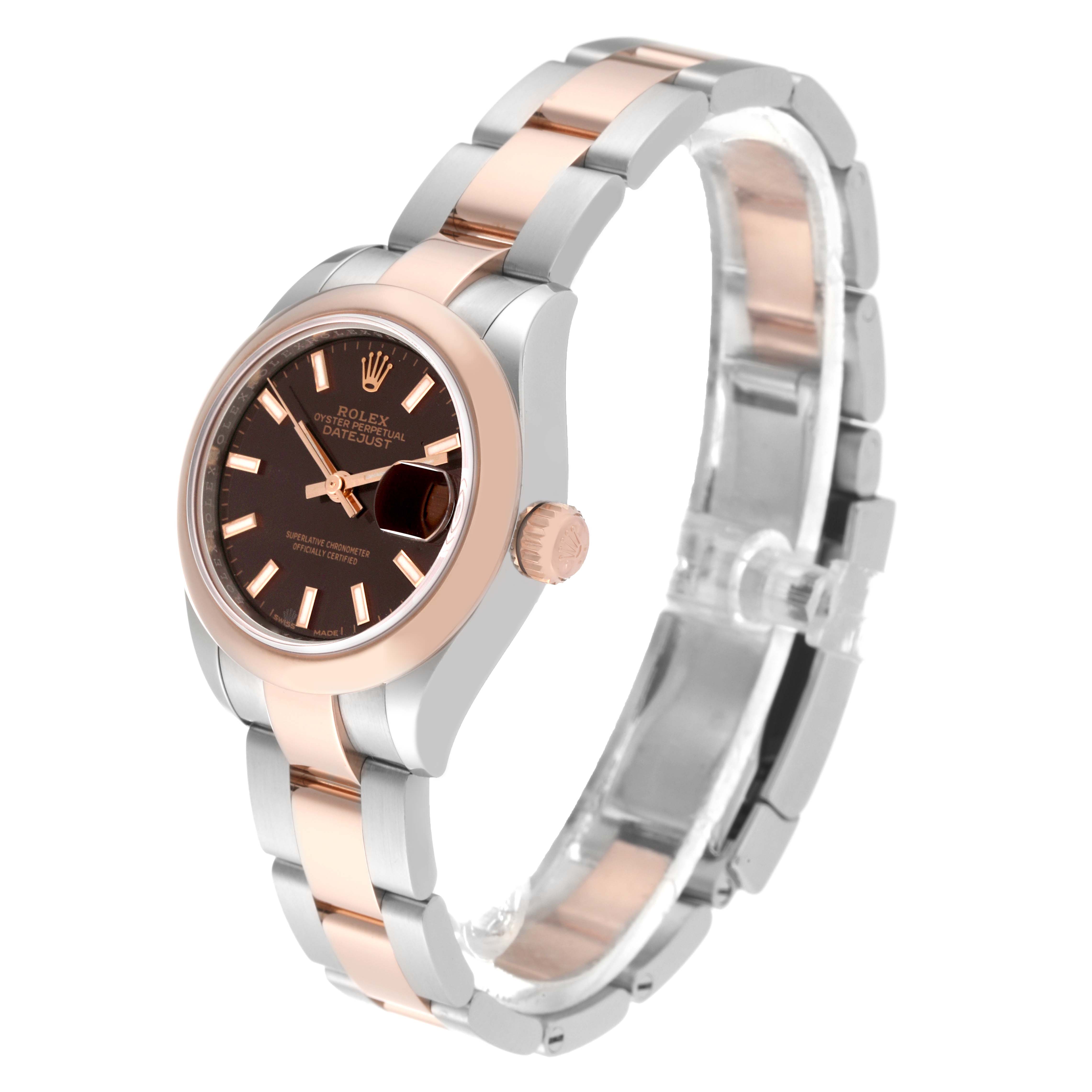 The Rolex Datejust 279161 Women's Steel and Gold (two tone) Brown Dial 279161 Women's Steel and Gold (two tone) Brown Dial watch is shown at an angle displaying the face, bezel, crown, and bracelet.