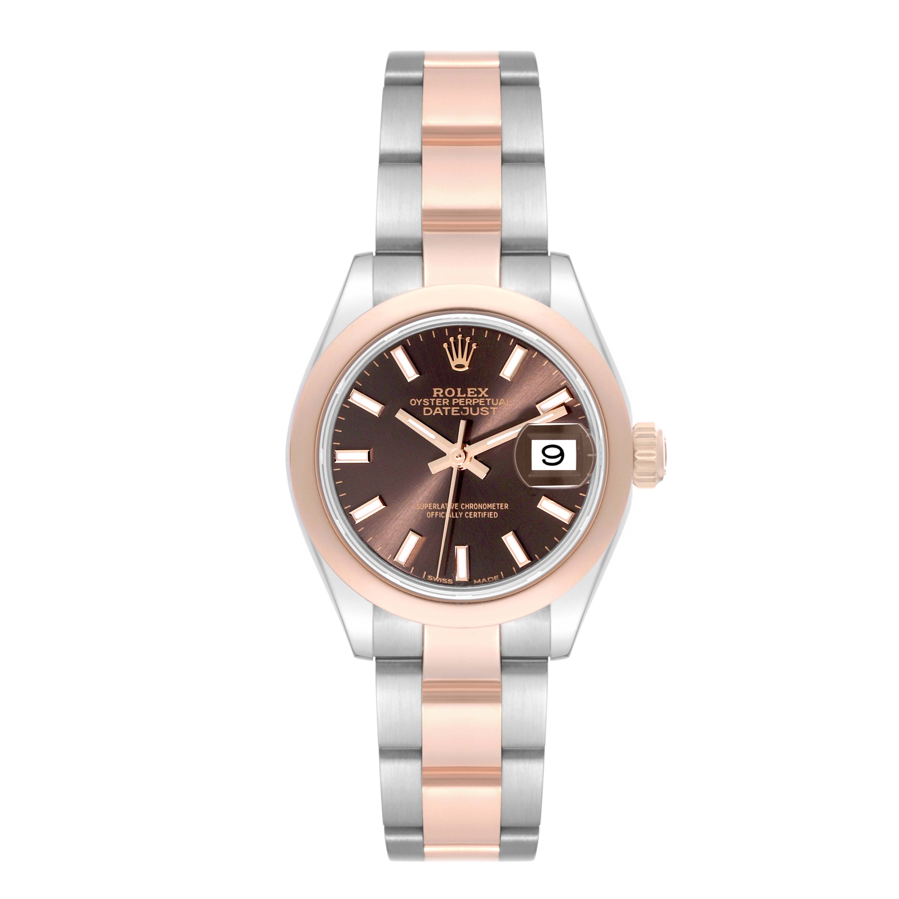 The image shows a Rolex Datejust 279161 Women's Steel and Gold (two tone) Brown Dial 279161 Women's Steel and Gold (two tone) Brown Dial watch from a front angle, featuring a two-tone bracelet and a brown dial with a date display.