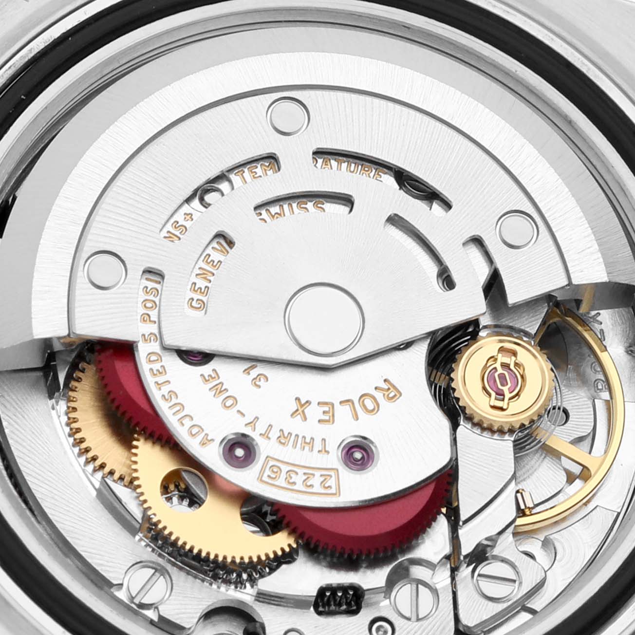 This image shows a close-up of the movement mechanism inside a Rolex Datejust 279161 Women's Steel and Gold (two tone) Brown Dial 279161 Women's Steel and Gold (two tone) Brown Dial watch, highlighting the gears and precision components.