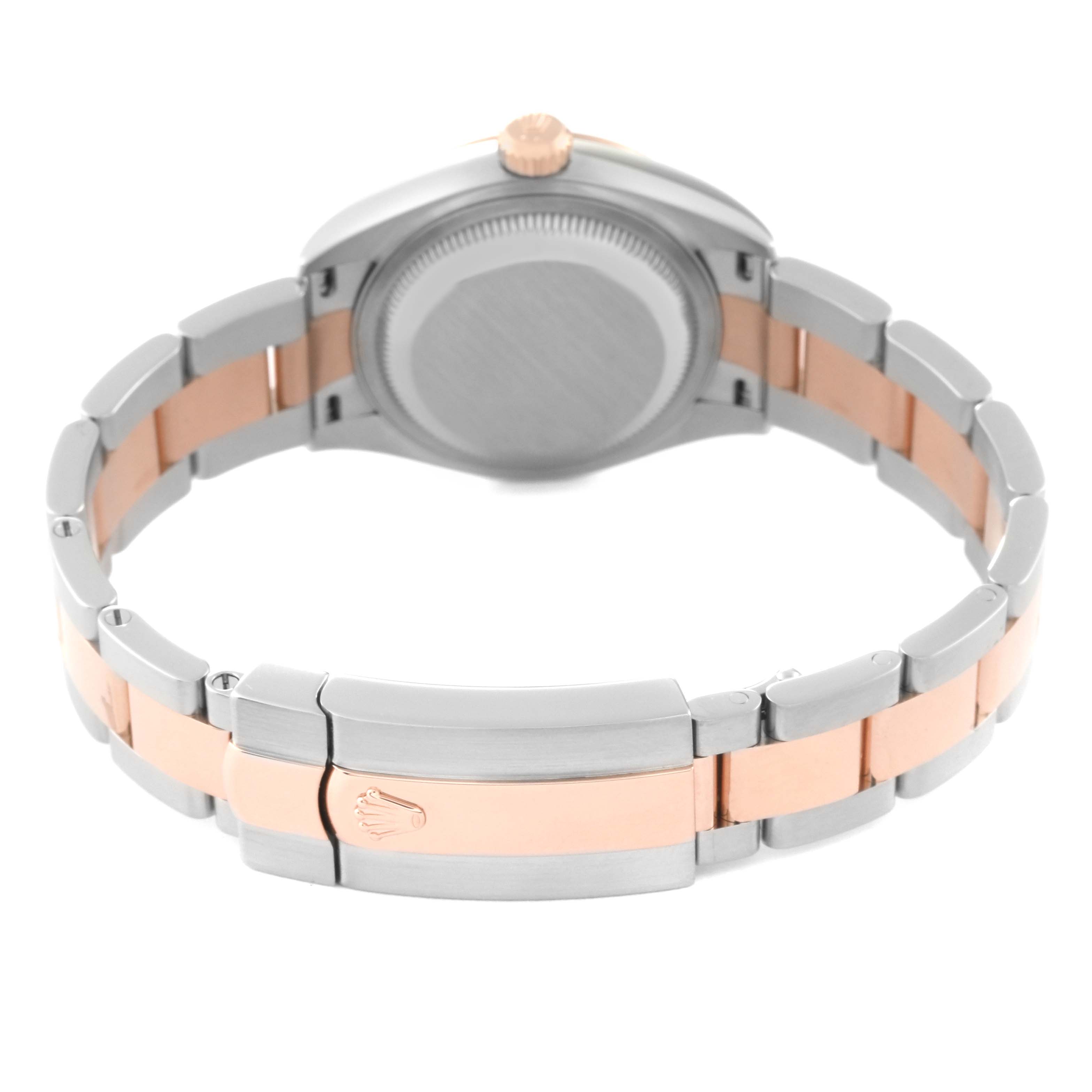 This image shows the backside and clasp of the Rolex Datejust 279161 Women's Steel and Gold (two tone) Brown Dial 279161 Women's Steel and Gold (two tone) Brown Dial watch, highlighting its two-tone metal bracelet.