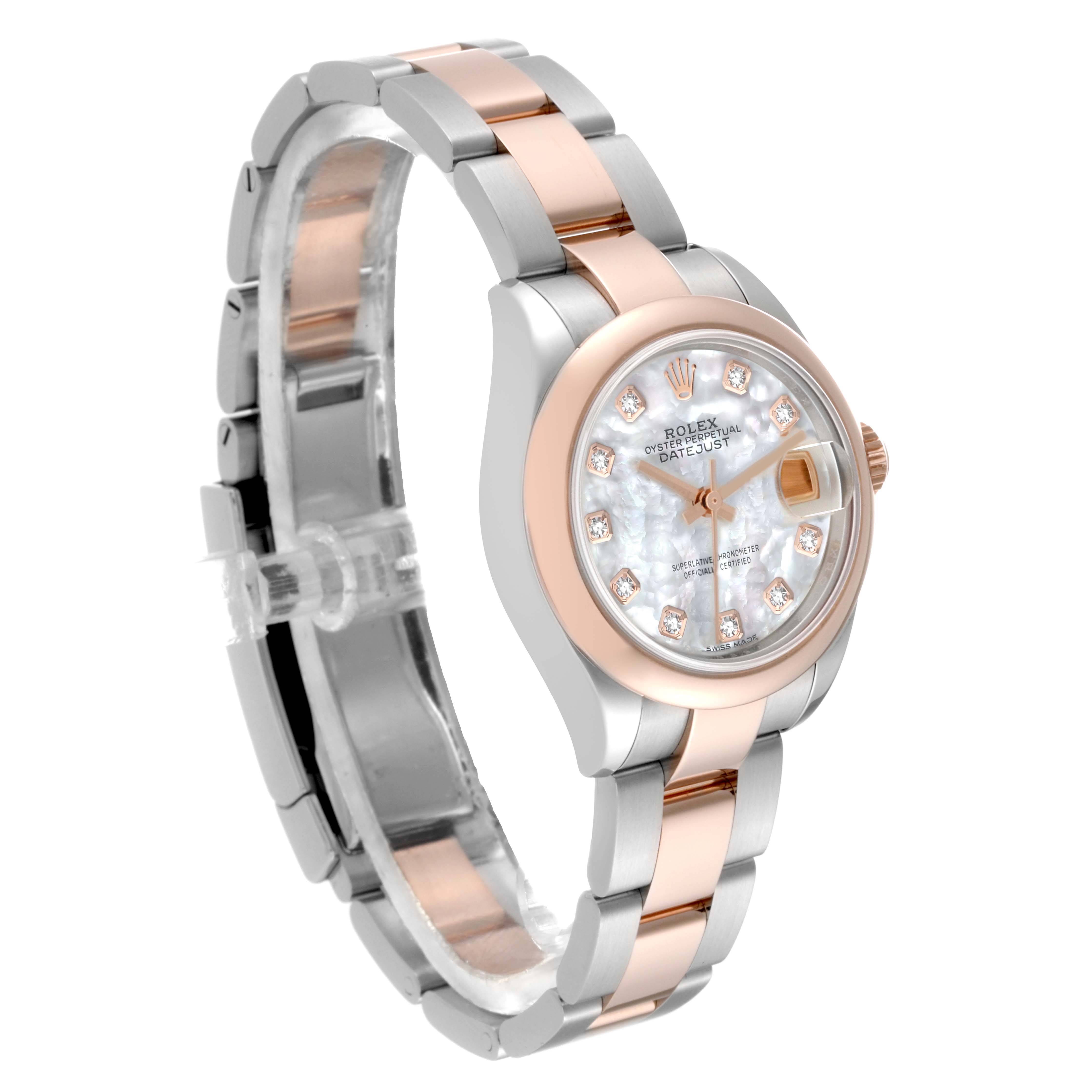 The image shows a Rolex Datejust 279161 Women's Steel and Gold (two tone) Mother of Pearl Dial 279161 Women's Steel and Gold (two tone) Mother of Pearl Dial watch at a three-quarter angle, highlighting the dial, case, and bracelet.