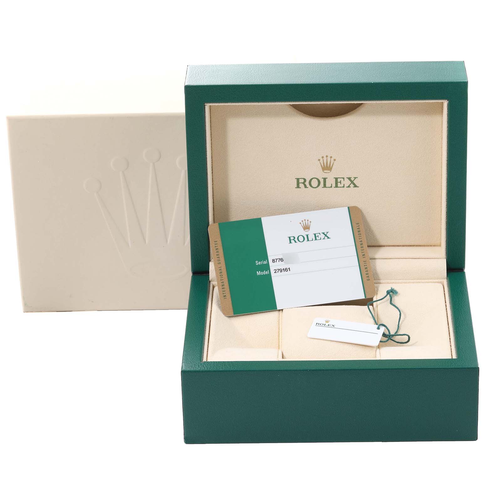 The image shows a Rolex Datejust 279161 Women's Steel and Gold (two tone) Mother of Pearl Dial 279161 Women's Steel and Gold (two tone) Mother of Pearl Dial watch box and accessories, including an ID card and tag, viewed from the front.