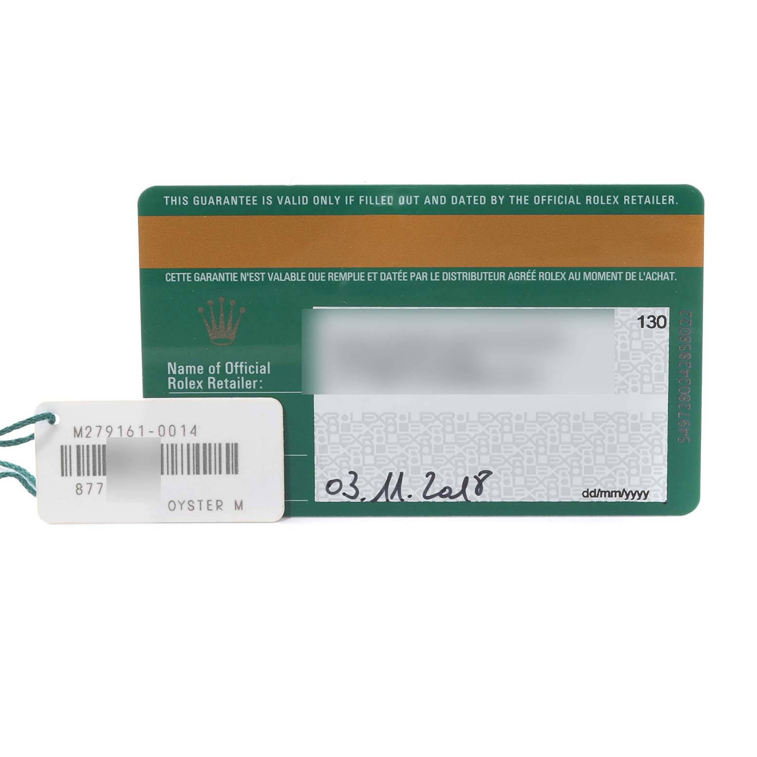 Shown is the warranty card and tag for the Rolex Datejust 279161 Women's Steel and Gold (two tone) Mother of Pearl Dial 279161 Women's Steel and Gold (two tone) Mother of Pearl Dial model.