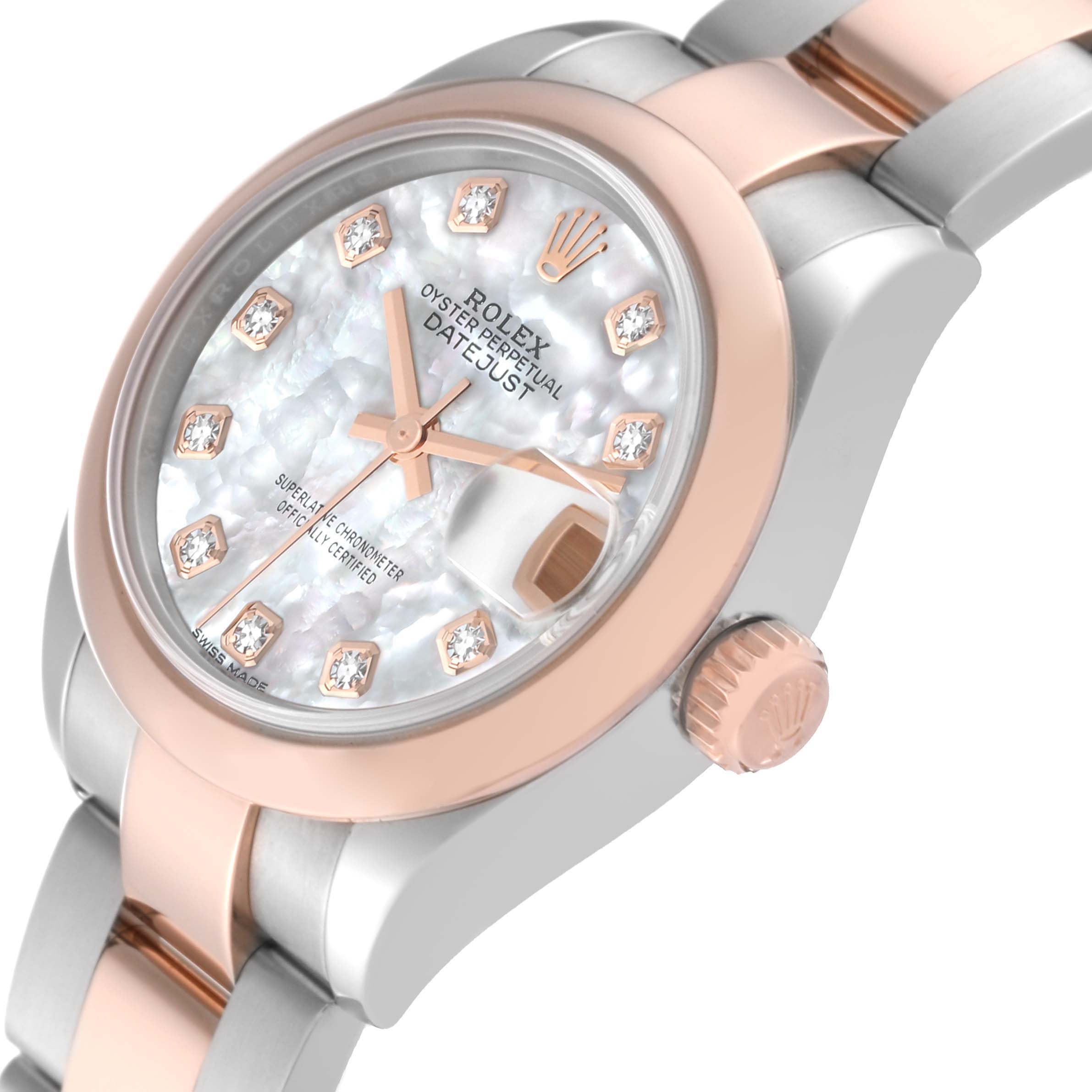 The image shows a close-up view of a Rolex Datejust 279161 Women's Steel and Gold (two tone) Mother of Pearl Dial 279161 Women's Steel and Gold (two tone) Mother of Pearl Dial watch, focusing on the dial, bezel, crown, and part of the bracelet.