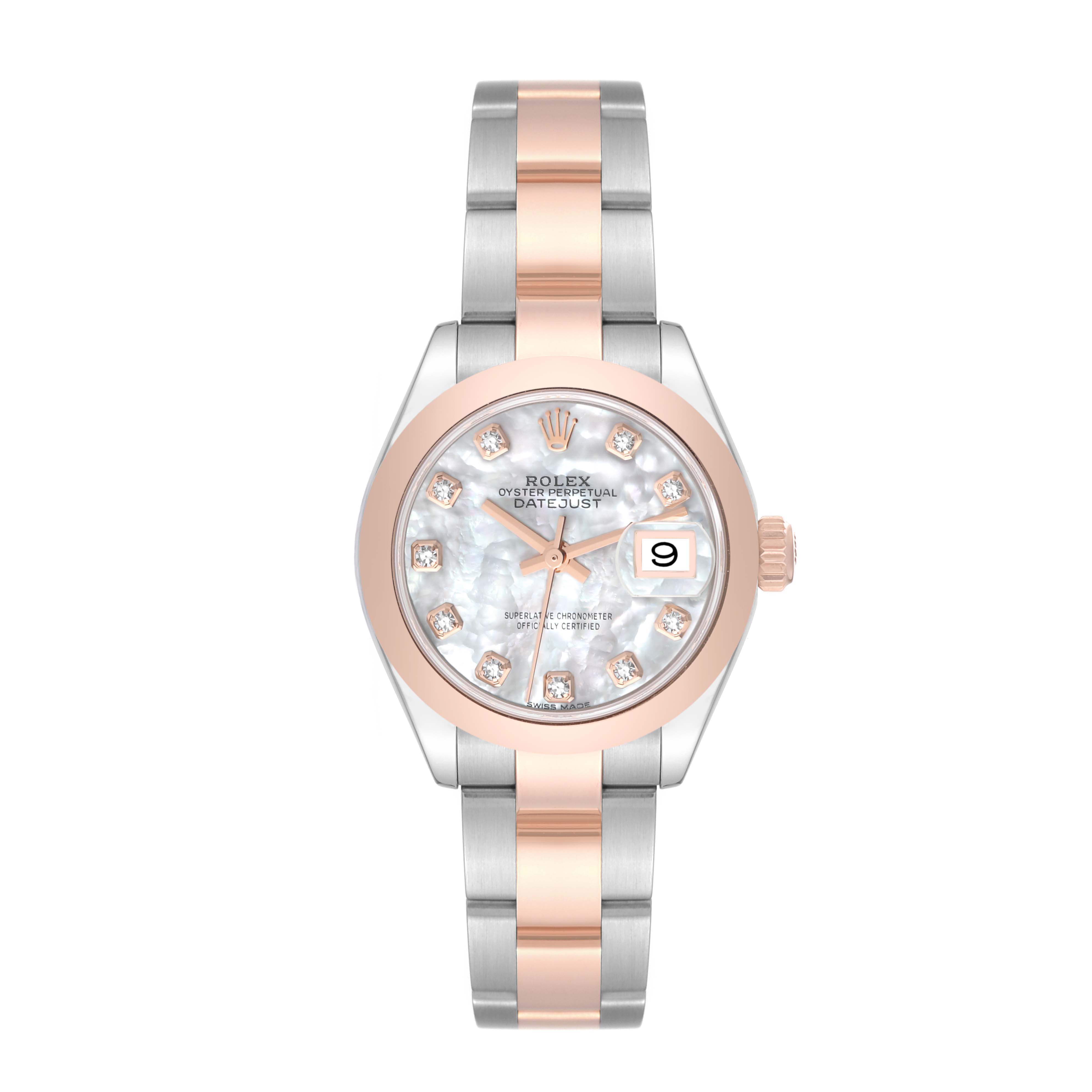 The image shows a frontal view of the Rolex Datejust 279161 Women's Steel and Gold (two tone) Mother of Pearl Dial 279161 Women's Steel and Gold (two tone) Mother of Pearl Dial watch, featuring a two-tone bracelet, mother-of-pearl dial, and diamond markers.