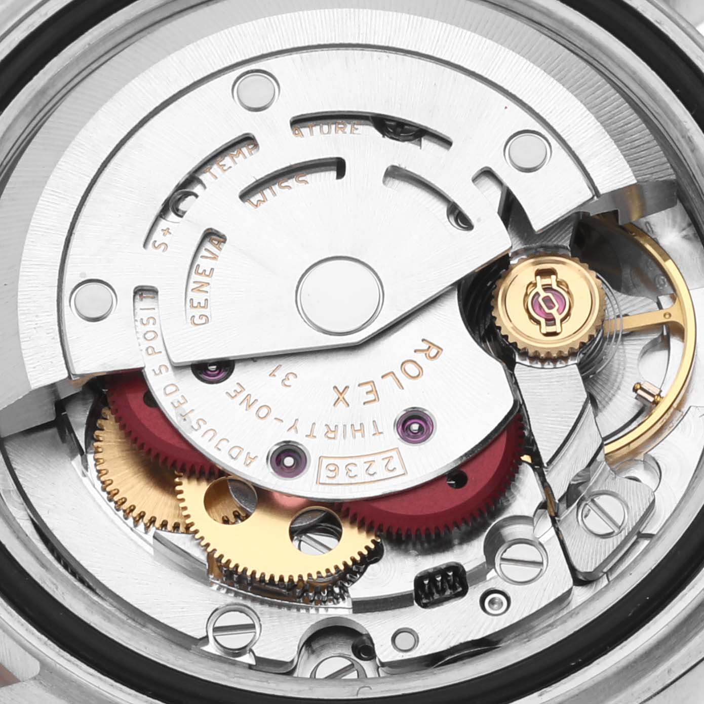 This image shows a close-up view of the movement mechanism inside a Rolex Datejust 279161 Women's Steel and Gold (two tone) Mother of Pearl Dial 279161 Women's Steel and Gold (two tone) Mother of Pearl Dial watch.